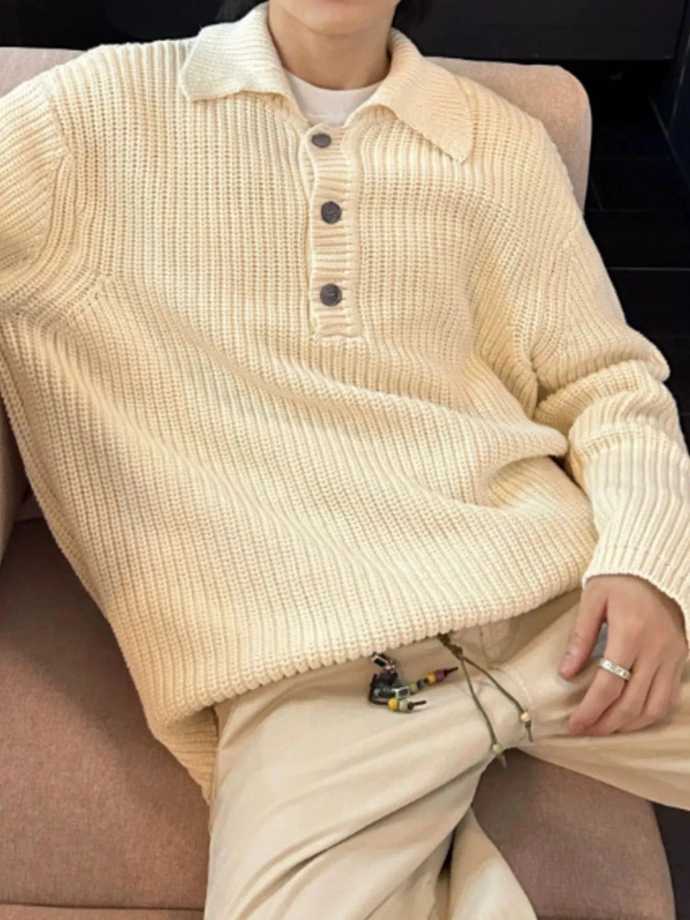 Men's Button Detail Long Sleeve Sweater - Fashorio
