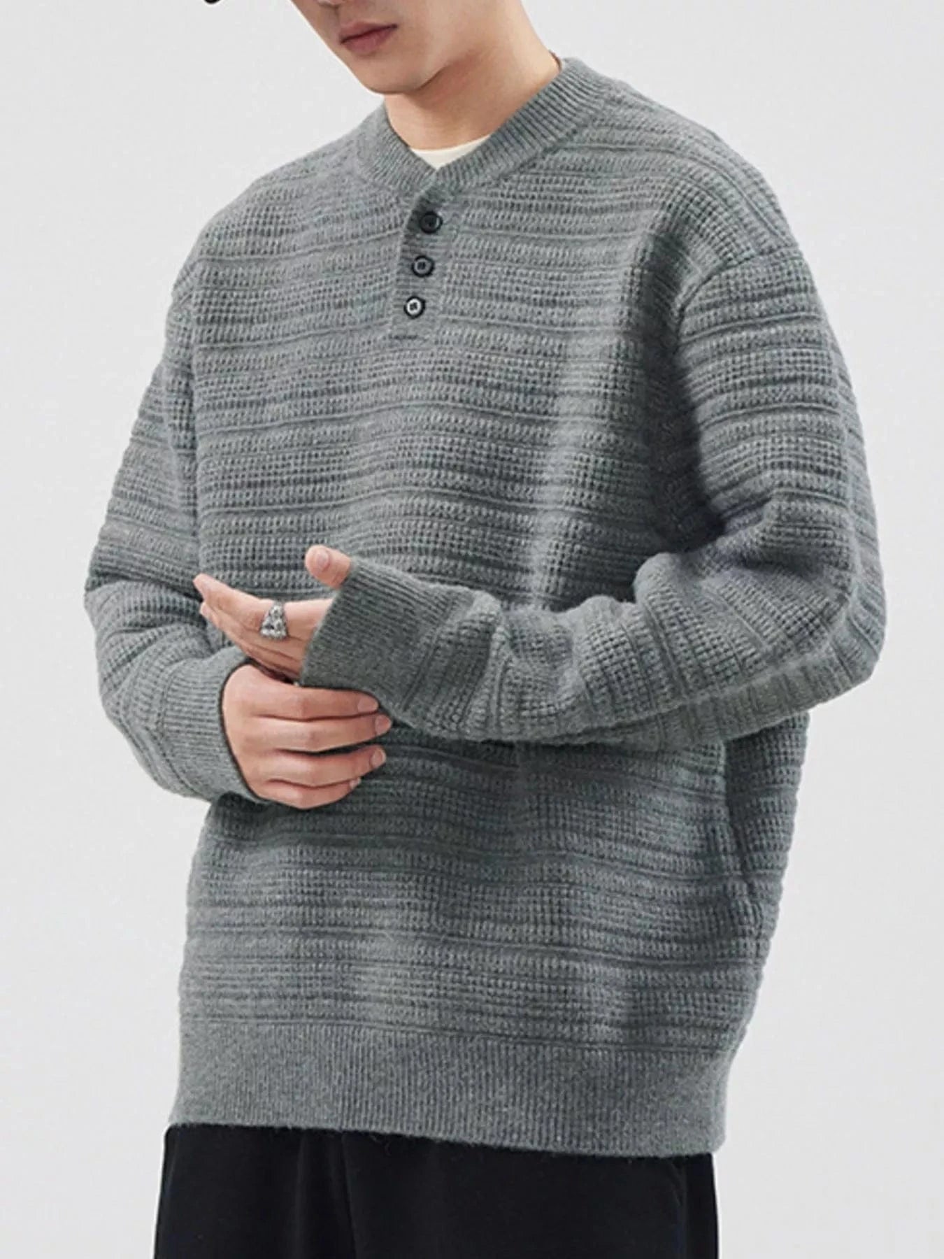 Men's Plus Size Button Detail Long Sleeve Sweater - Fashorio