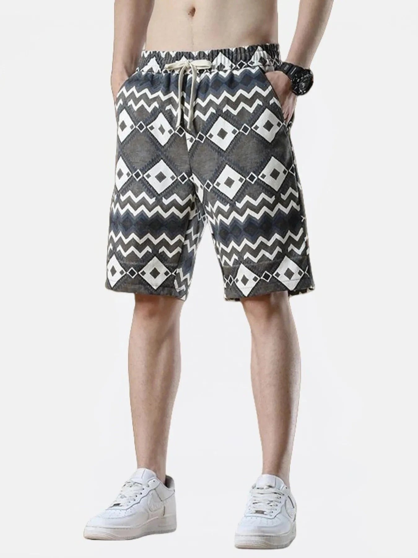 Men's Plus Size Geometric Pattern Drawstring Casual Shorts - Fashorio