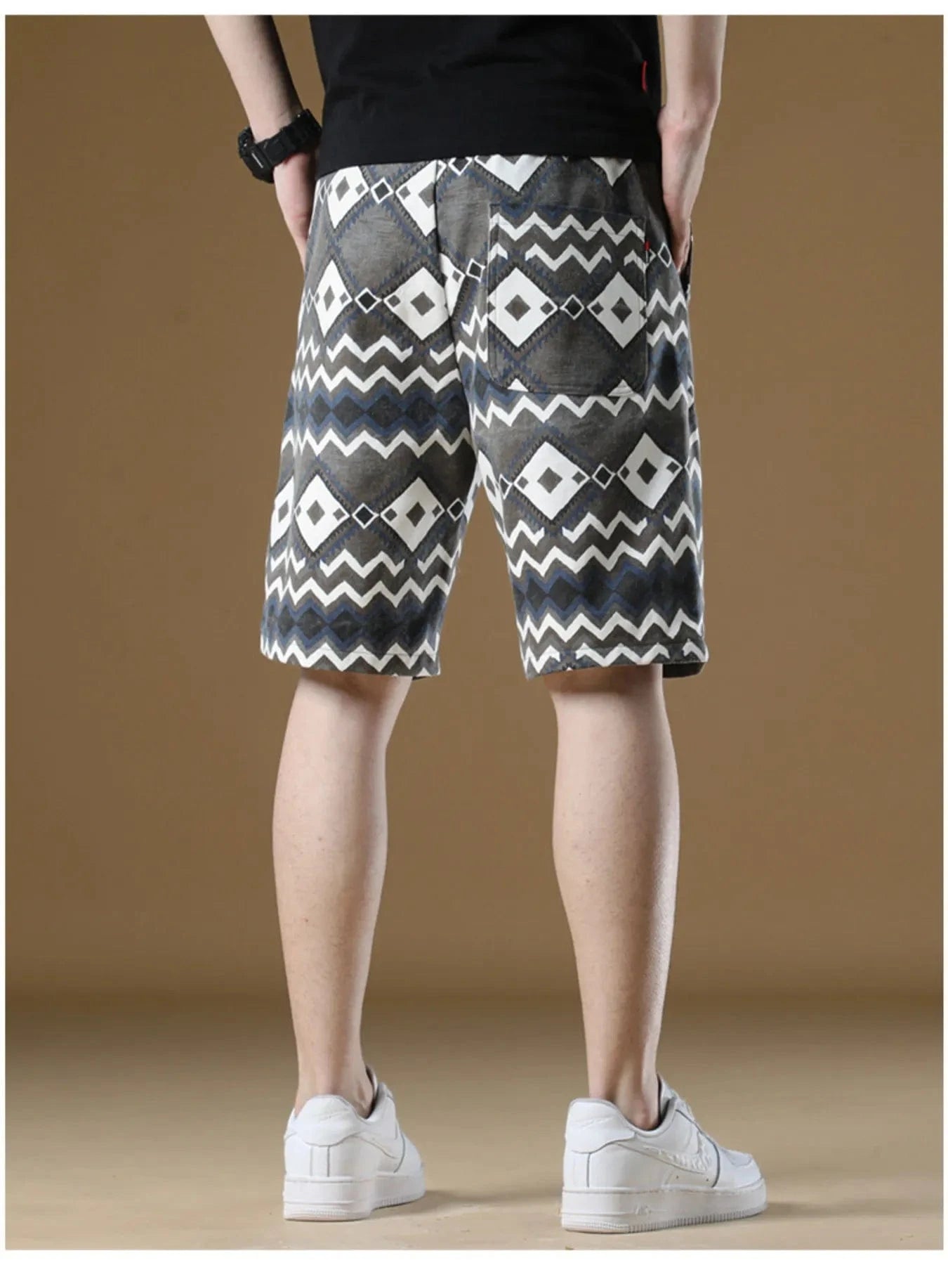 Men's Plus Size Geometric Pattern Drawstring Casual Shorts - Fashorio