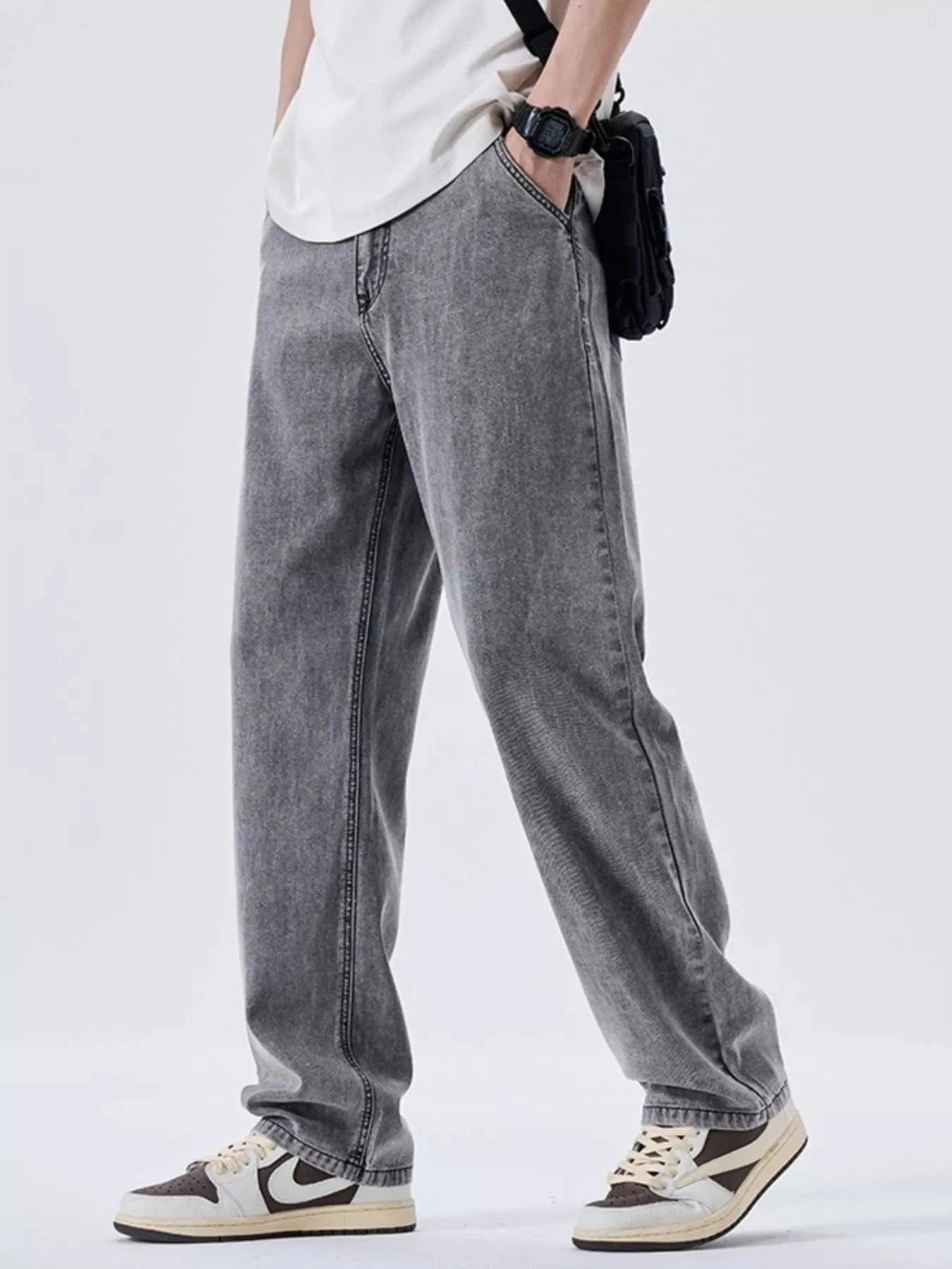 Men’s Wide Leg Jeans – Washed Relaxed Fit Cotton Blend - Fashorio
