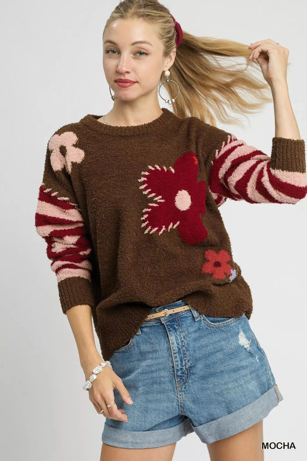 Umgee Flower Jacquard Striped Long Sleeve Sweater Mocha - Fashorio