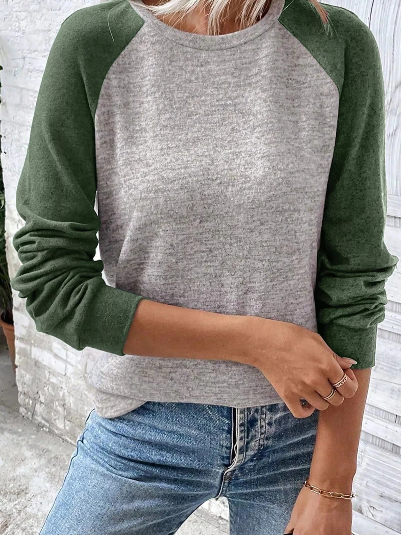 Color Block Raglan Long Sleeve T Shirt Moss - Fashorio