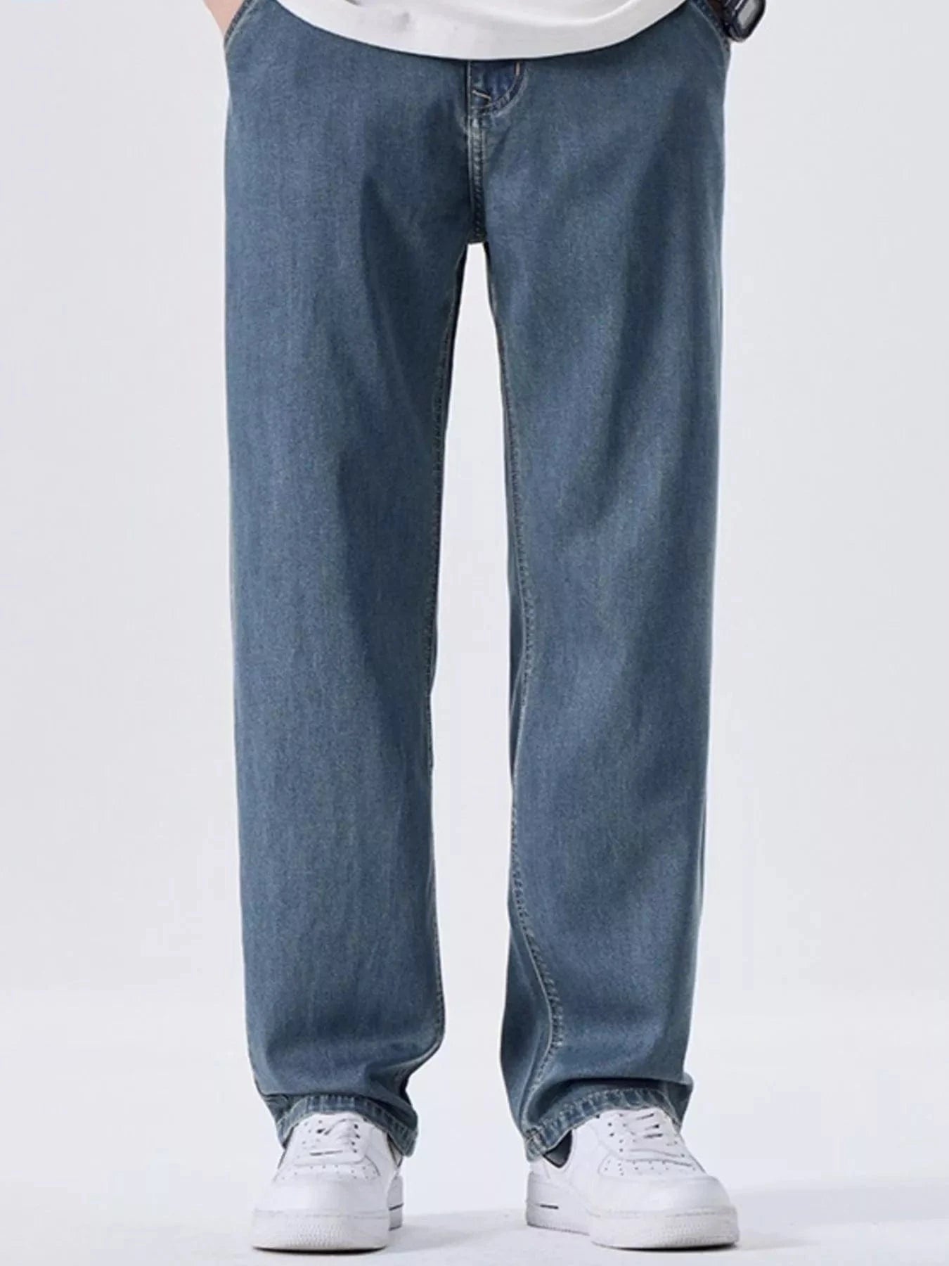 Men’s Wide Leg Jeans – Washed Relaxed Fit Cotton Blend Nostalgic blue - Fashorio