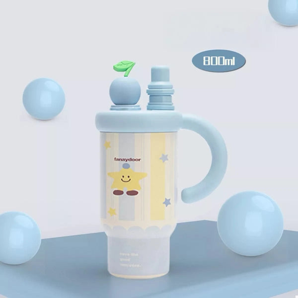 Colorful Cartoon Water Bottles with Straw and Handle Pastel Blue One Size - Fashorio