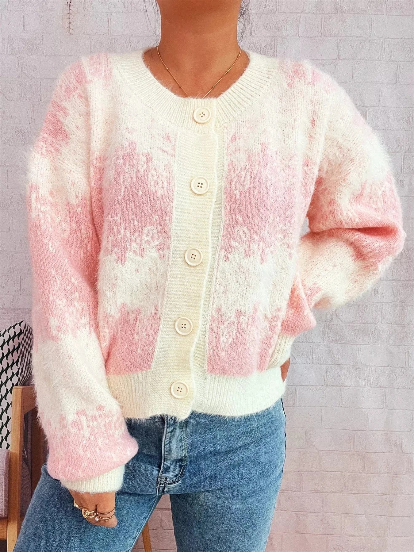 Ribbed Hem Button Up Cardigan Pink One Size - Fashorio