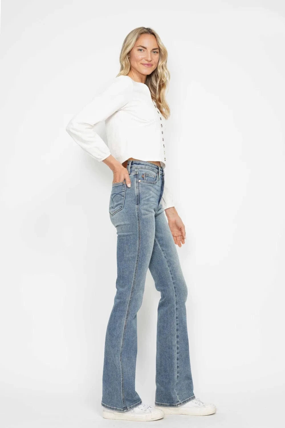 Plus Size Bootcut Jeans with Tummy Control & Embroidered Pockets - Fashorio