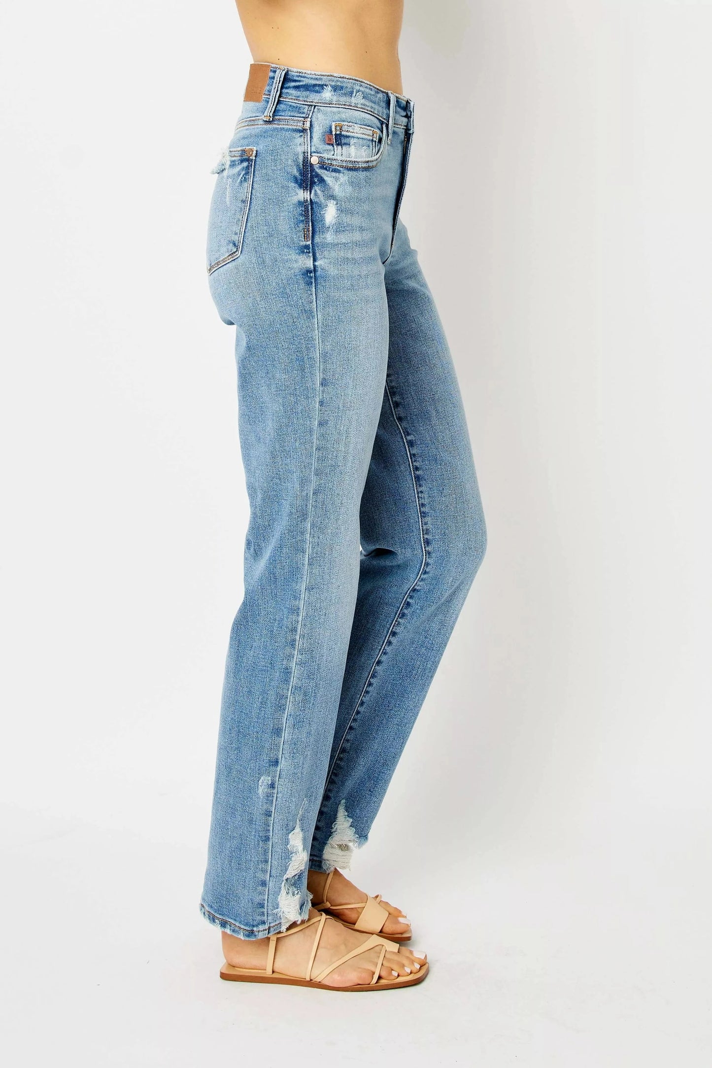 Plus Size High Waist Straight Jeans – Distressed Raw Hem Denim - Fashorio
