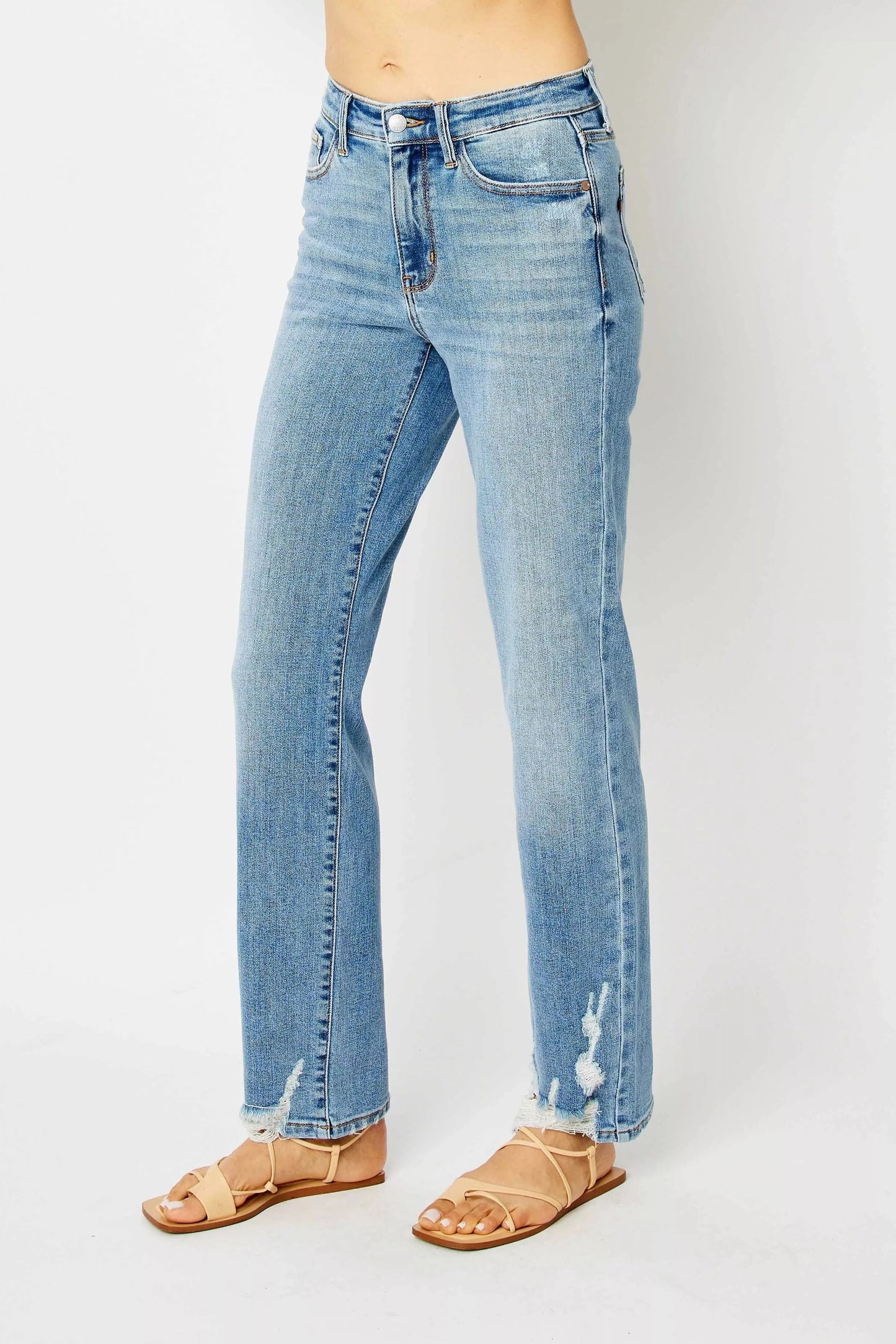 Plus Size High Waist Straight Jeans – Distressed Raw Hem Denim - Fashorio