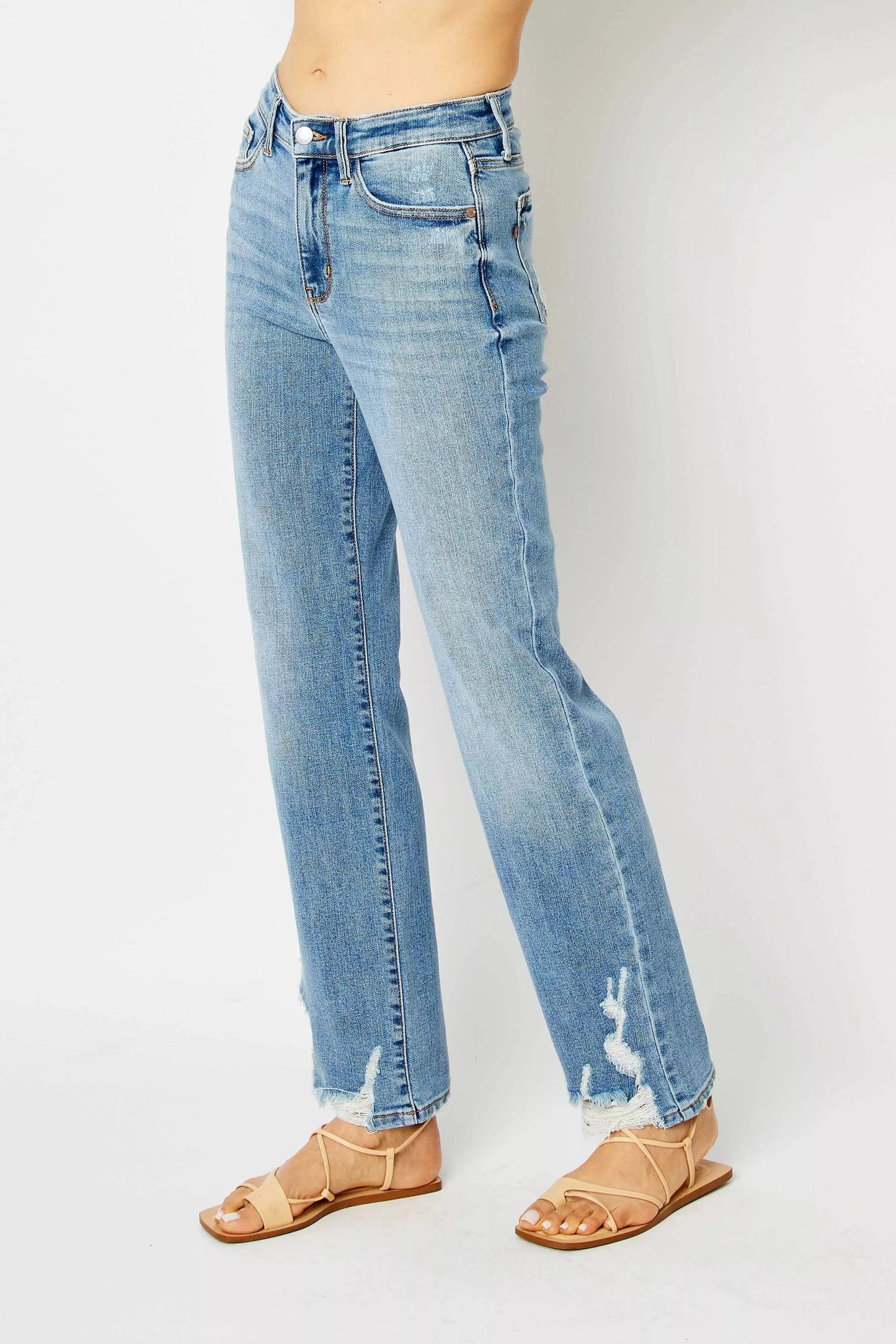 Plus Size High Waist Straight Jeans – Distressed Raw Hem Denim - Fashorio