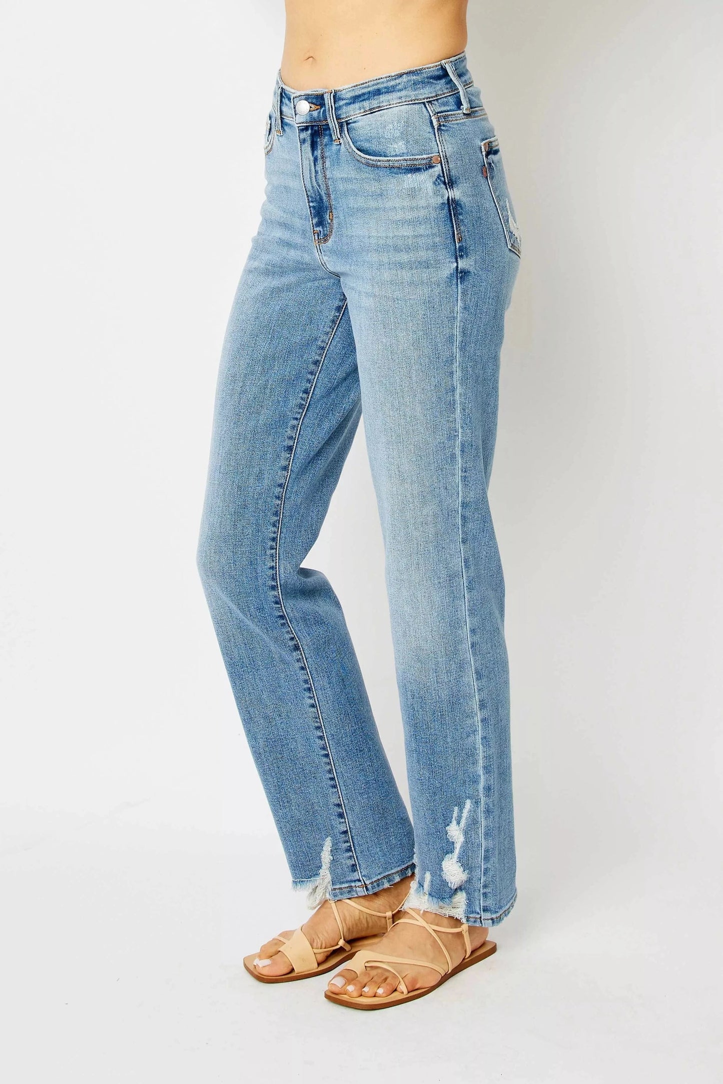 Plus Size High Waist Straight Jeans – Distressed Raw Hem Denim - Fashorio