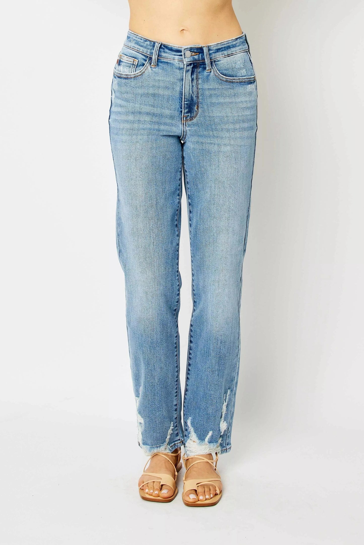 Plus Size High Waist Straight Jeans – Distressed Raw Hem Denim - Fashorio