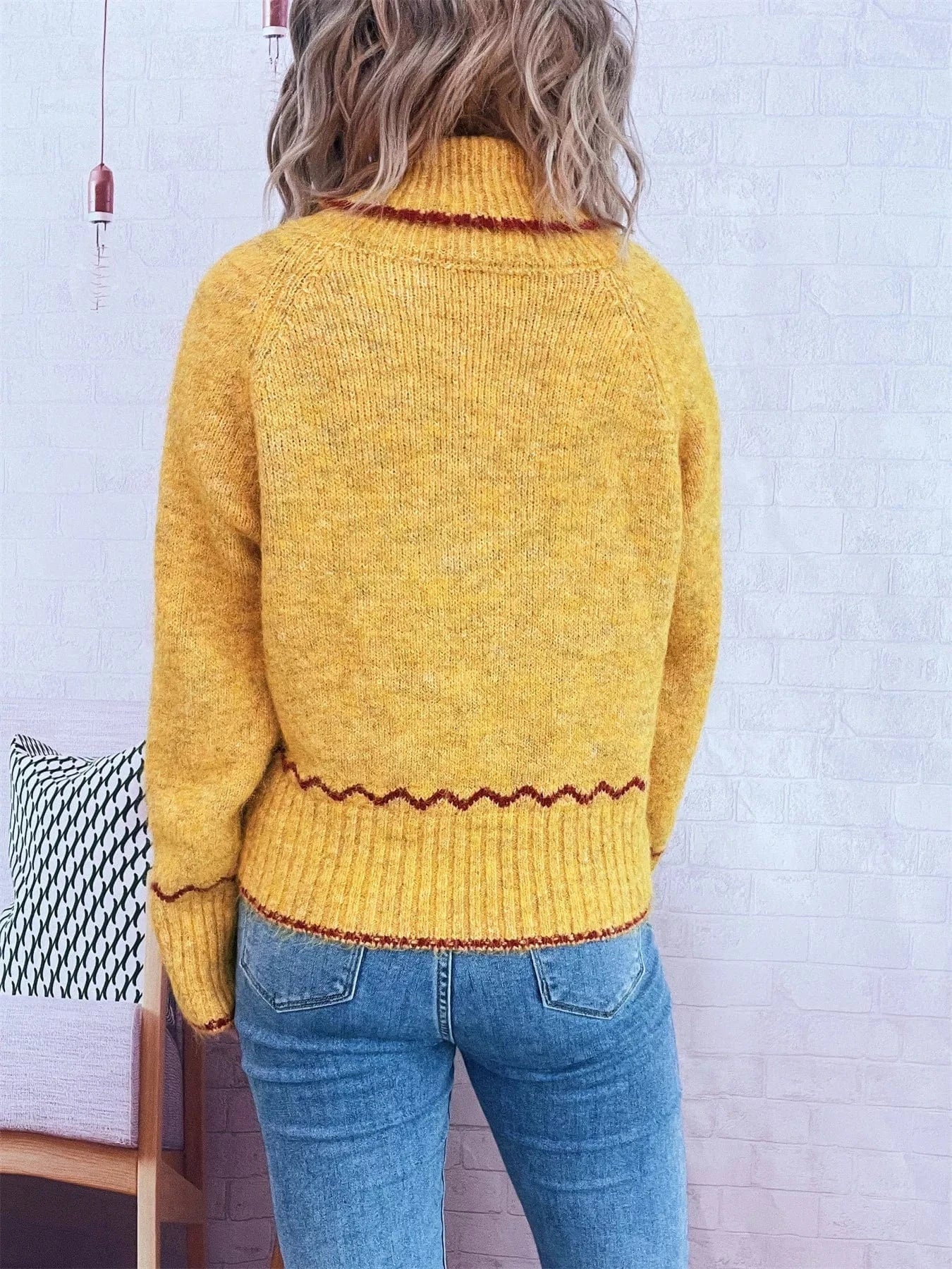 Ribbed Contrast Trim Long Sleeve Sweater - Fashorio