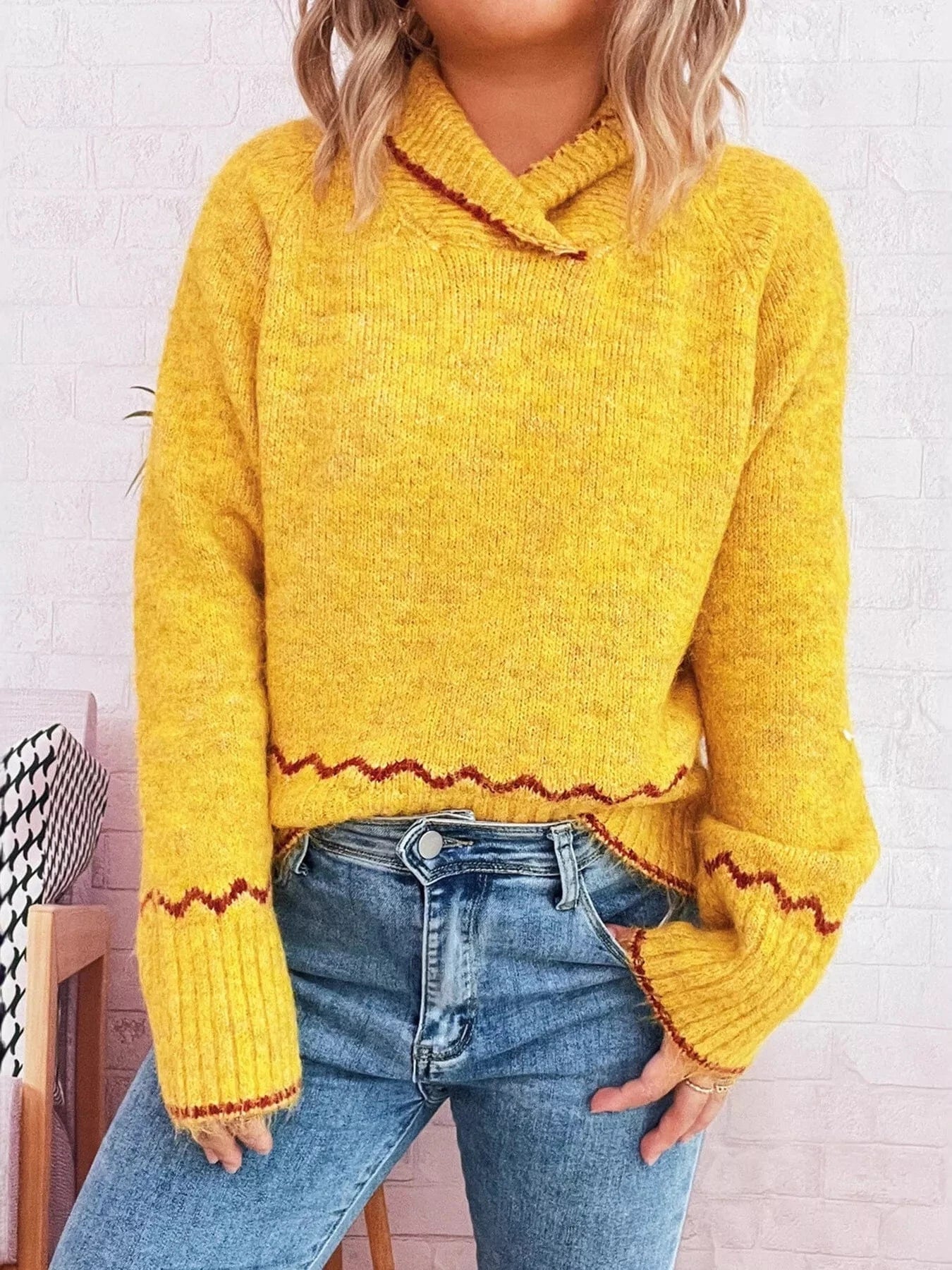 Ribbed Contrast Trim Long Sleeve Sweater - Fashorio
