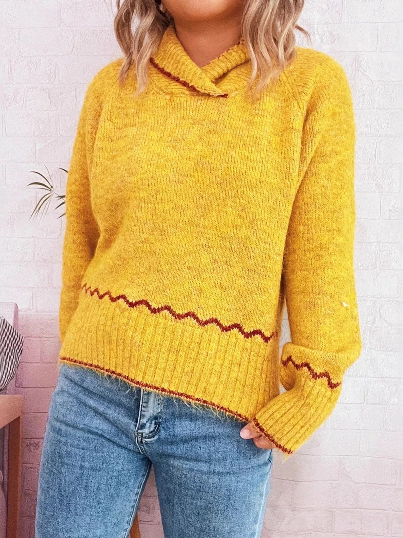 Ribbed Contrast Trim Long Sleeve Sweater - Fashorio