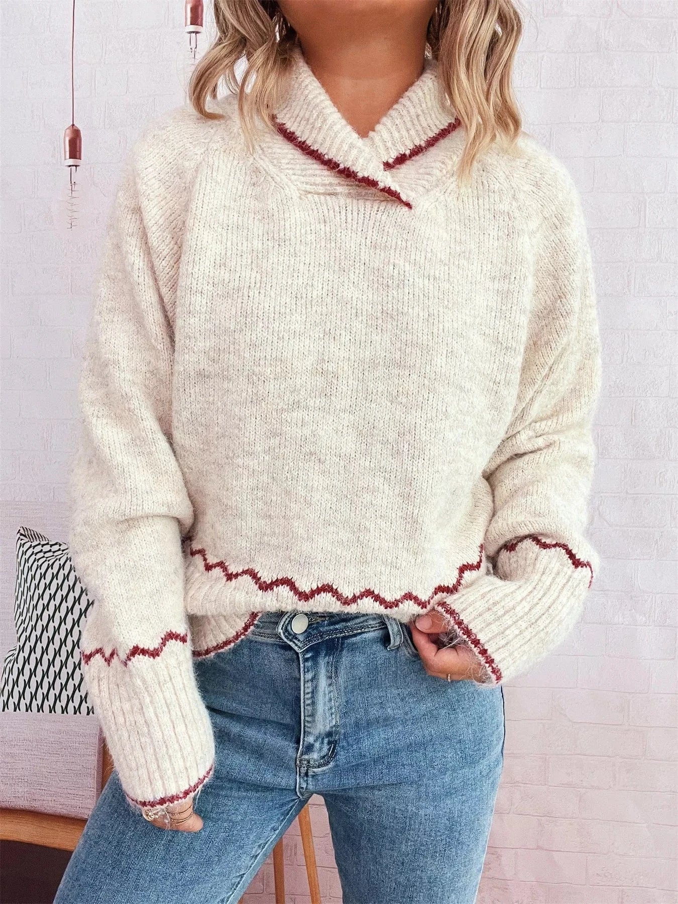 Ribbed Contrast Trim Long Sleeve Sweater - Fashorio
