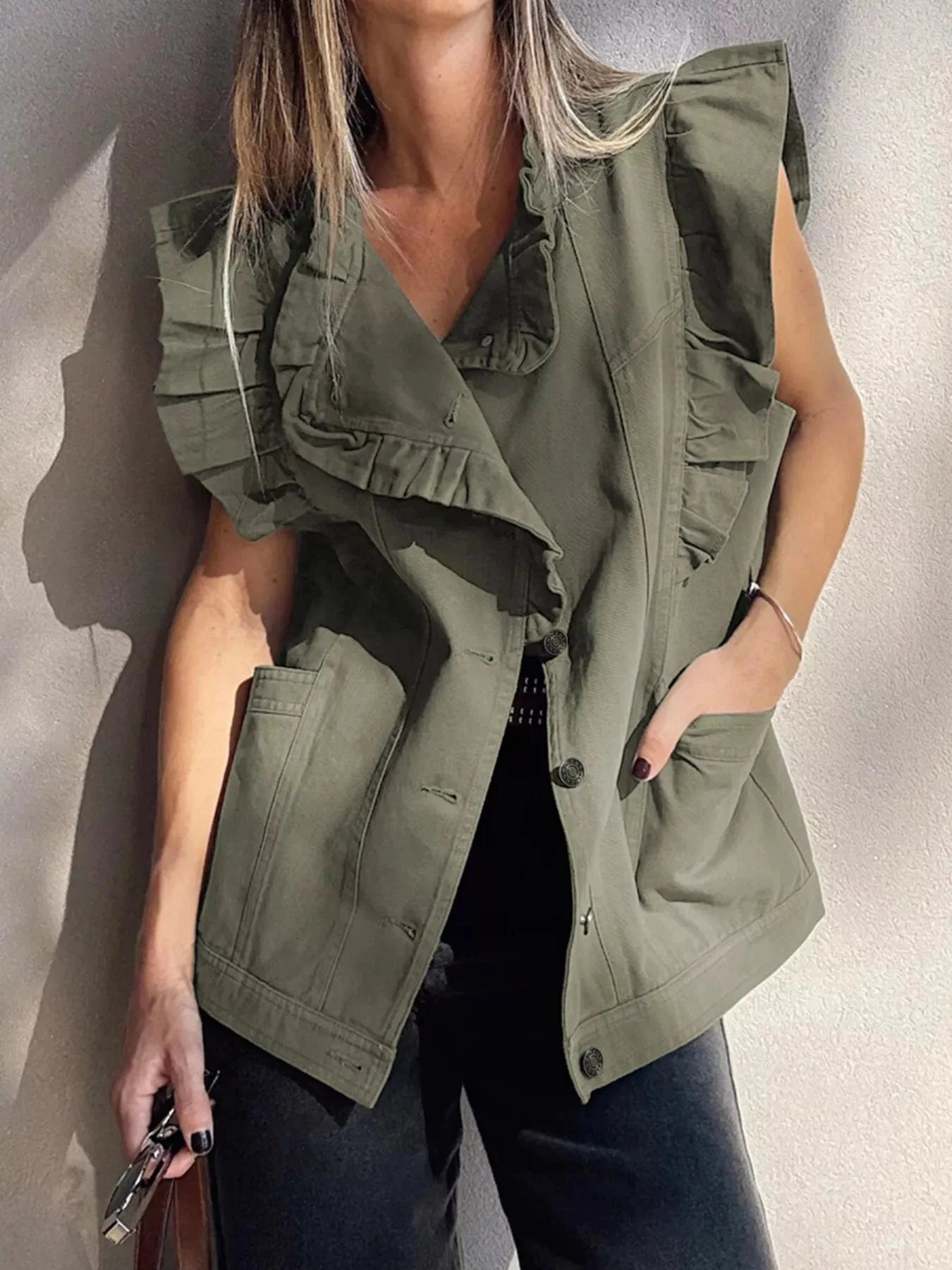 Ruffled Patchwork Denim Vest – Button Up Jean Jacket Style - Fashorio