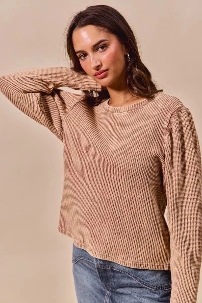SO ME Mineral Washed Waffle Top With Puff Sleeves - Fashorio