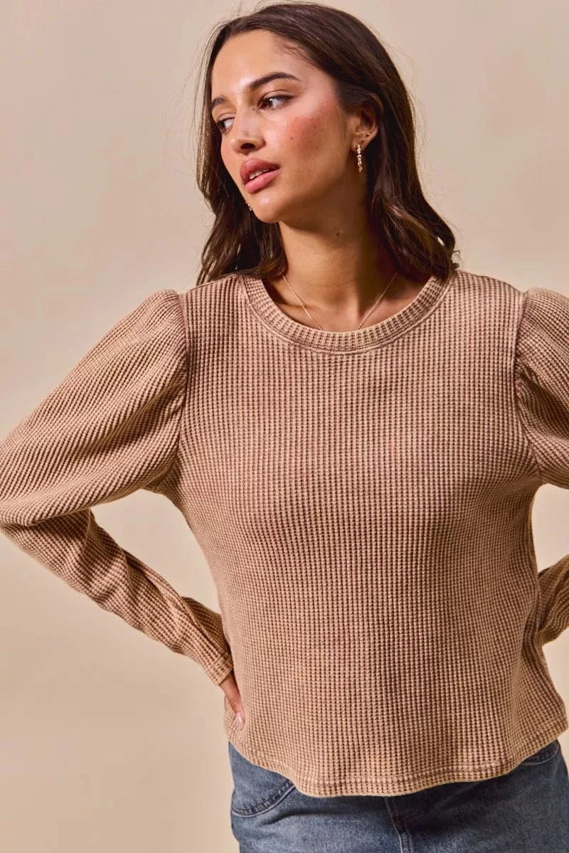 SO ME Mineral Washed Waffle Top With Puff Sleeves - Fashorio