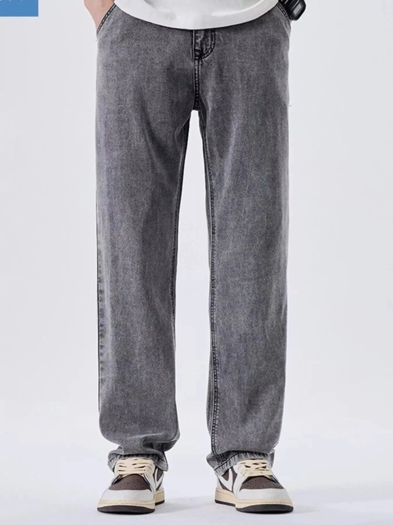 Men’s Wide Leg Jeans – Washed Relaxed Fit Cotton Blend Soot - Fashorio