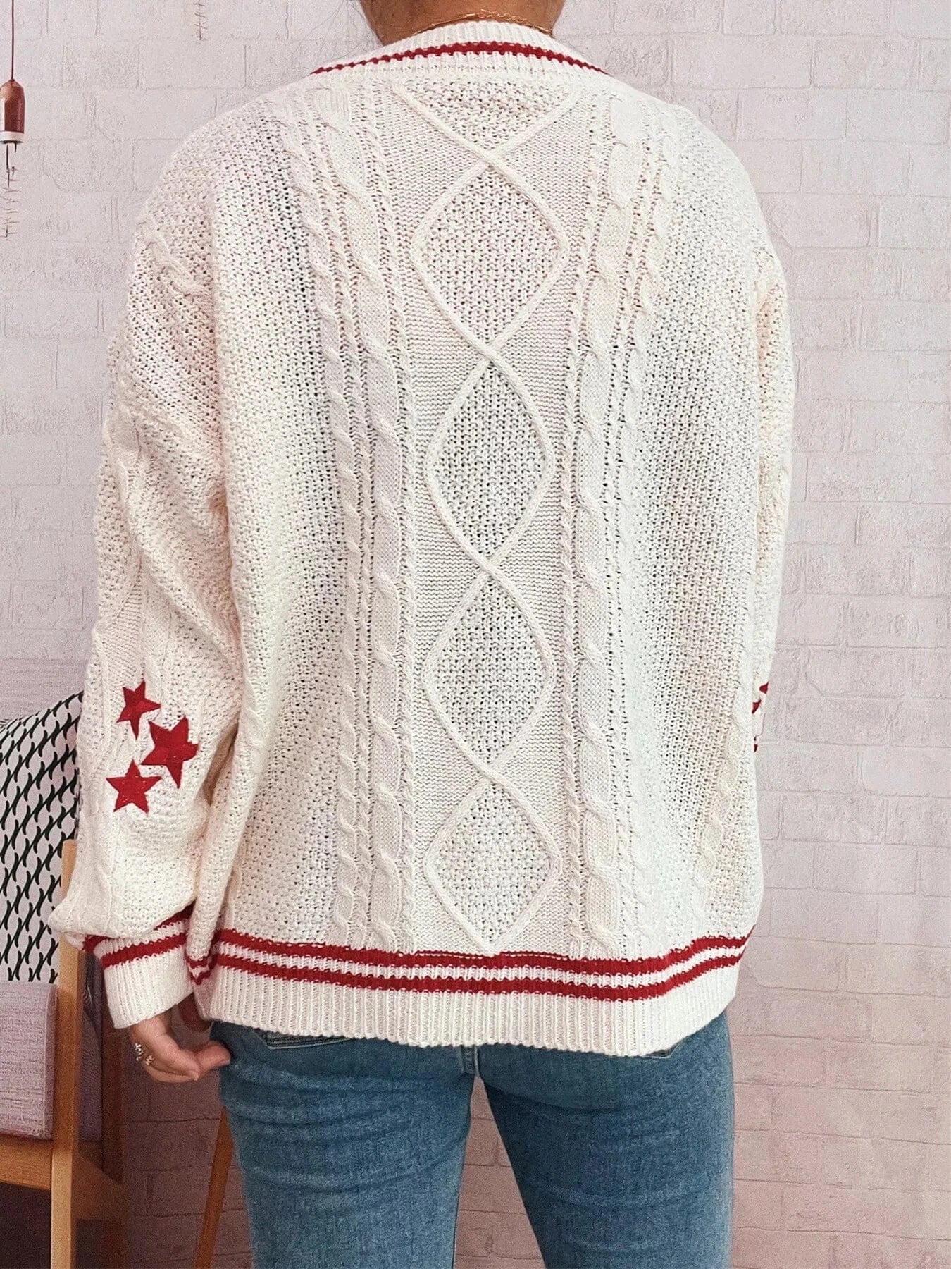 Star Pattern Button-Up Cardigan with Contrast Trim - Fashorio