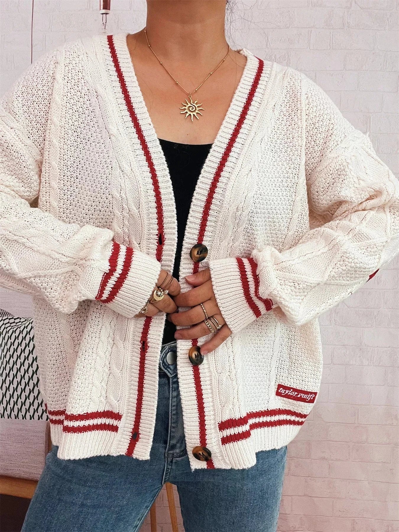 Star Pattern Button-Up Cardigan with Contrast Trim - Fashorio