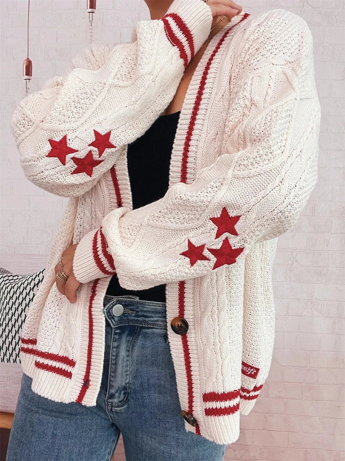 Star Pattern Button-Up Cardigan with Contrast Trim - Fashorio
