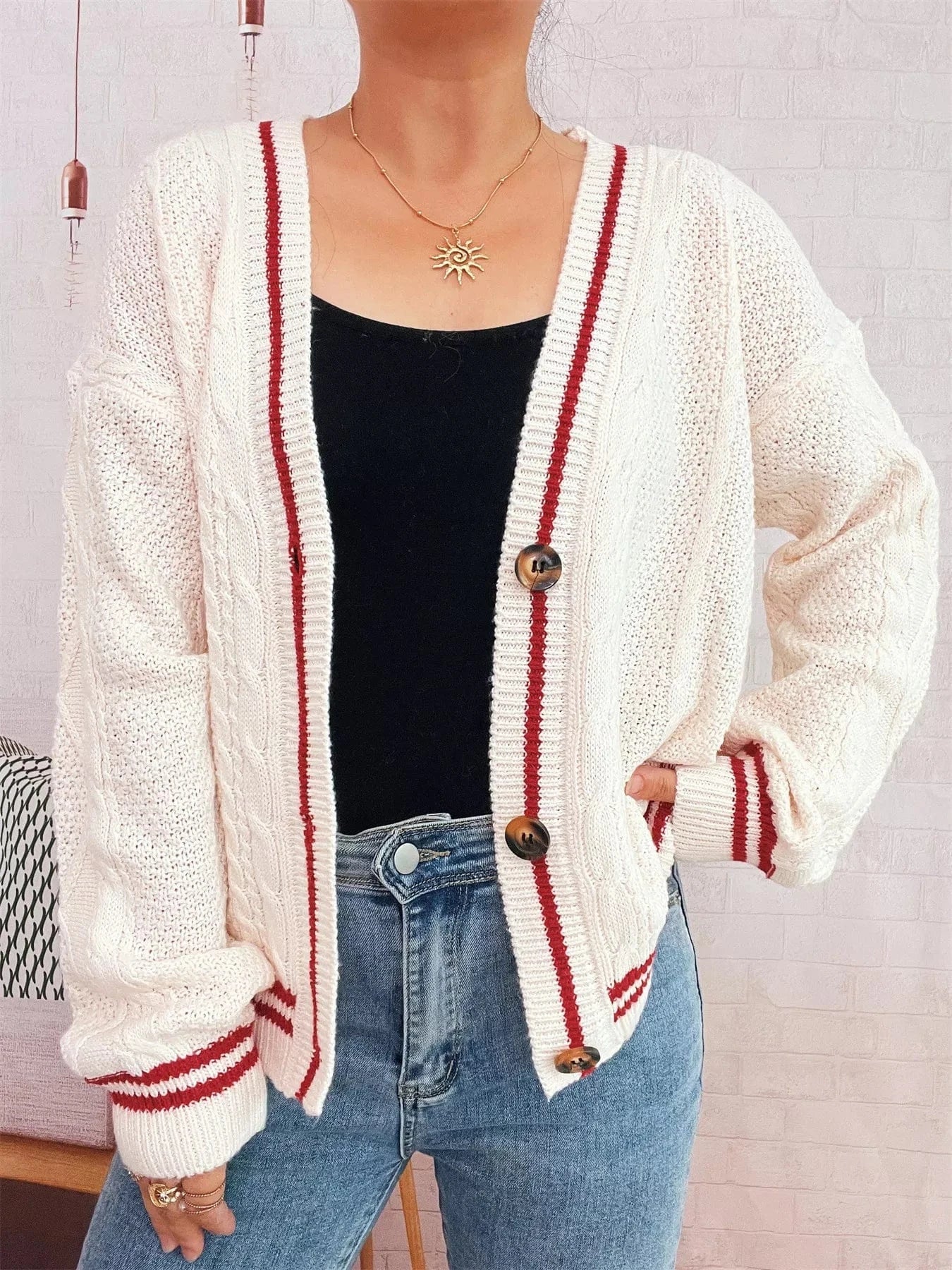 Star Pattern Button-Up Cardigan with Contrast Trim - Fashorio