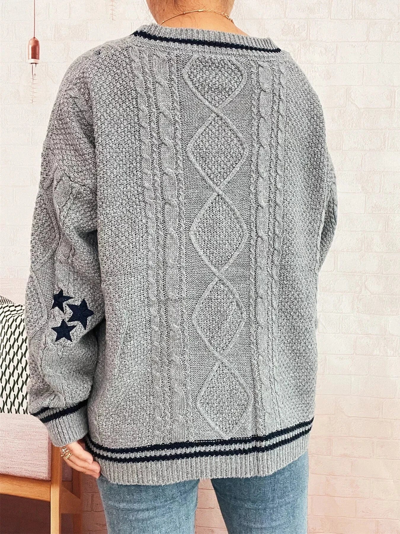Star Pattern Button-Up Cardigan with Contrast Trim - Fashorio