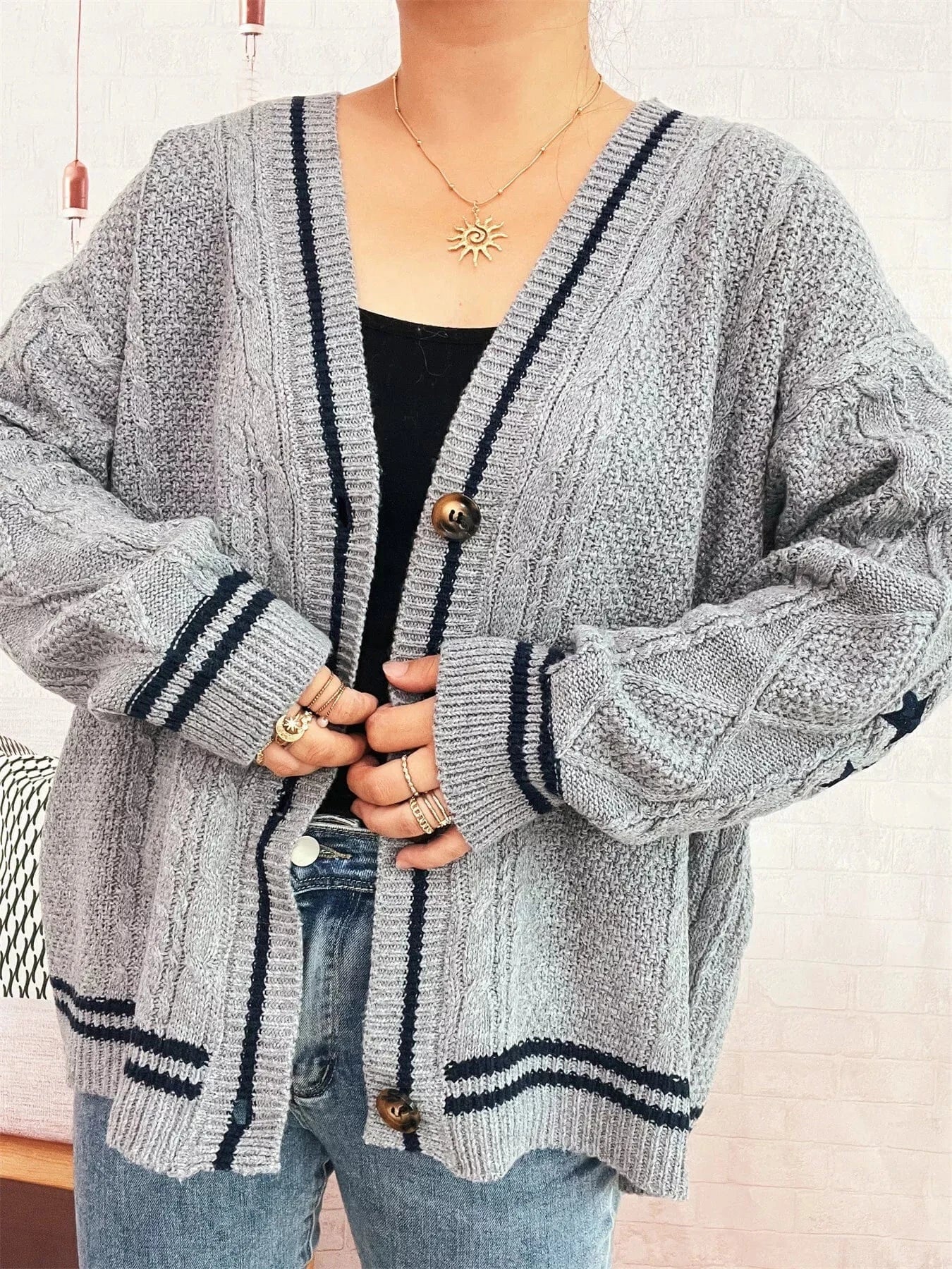 Star Pattern Button-Up Cardigan with Contrast Trim - Fashorio