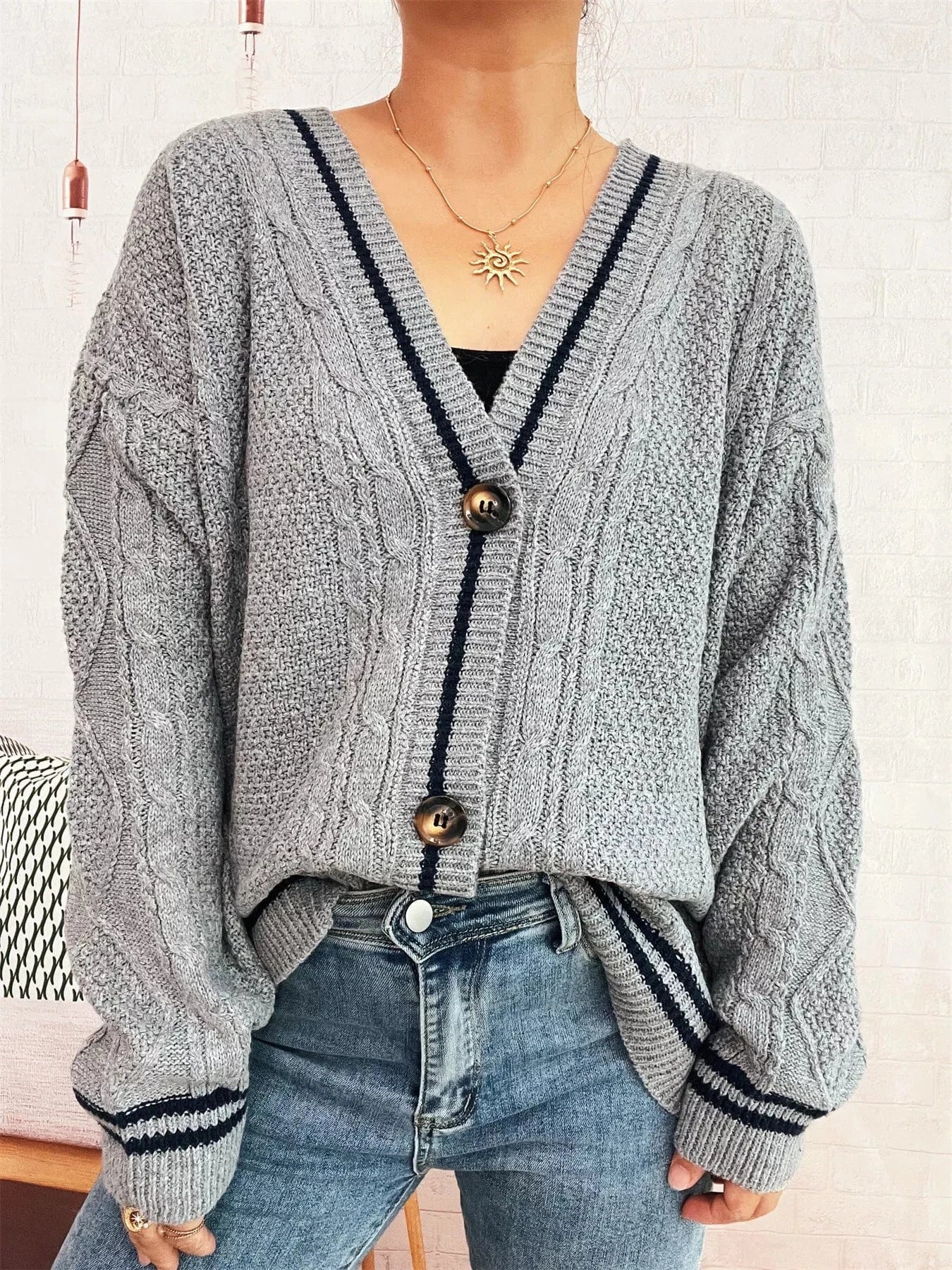 Star Pattern Button-Up Cardigan with Contrast Trim - Fashorio