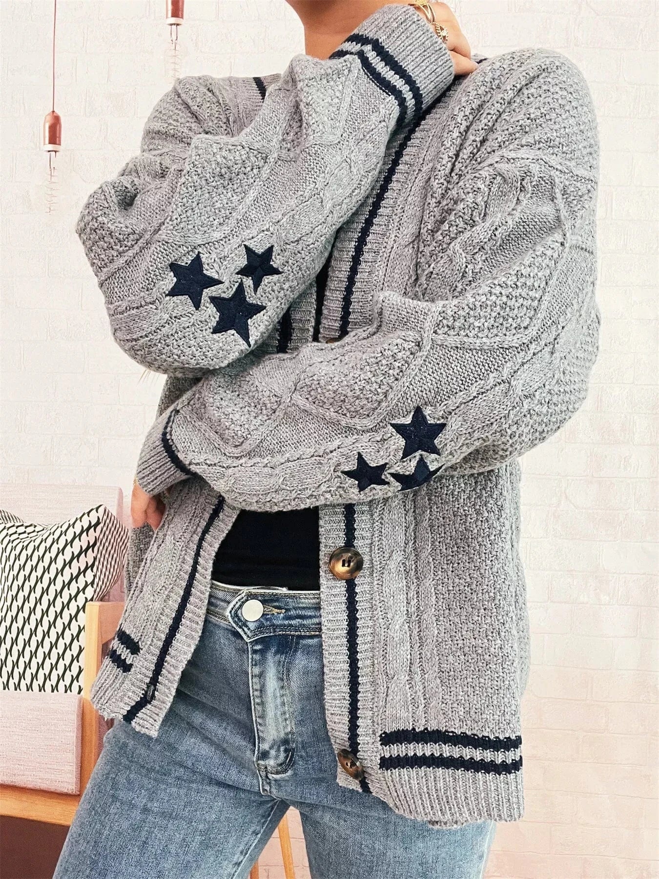 Star Pattern Button-Up Cardigan with Contrast Trim - Fashorio