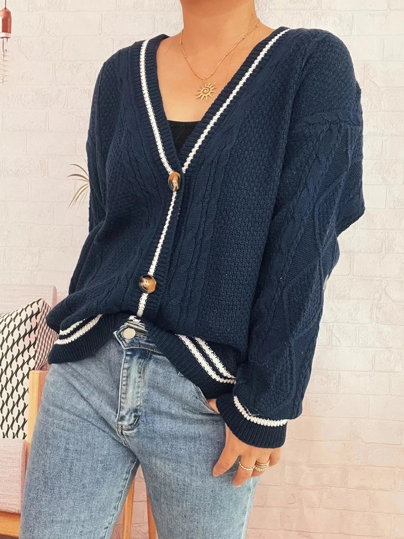 Star Pattern Button-Up Cardigan with Contrast Trim - Fashorio