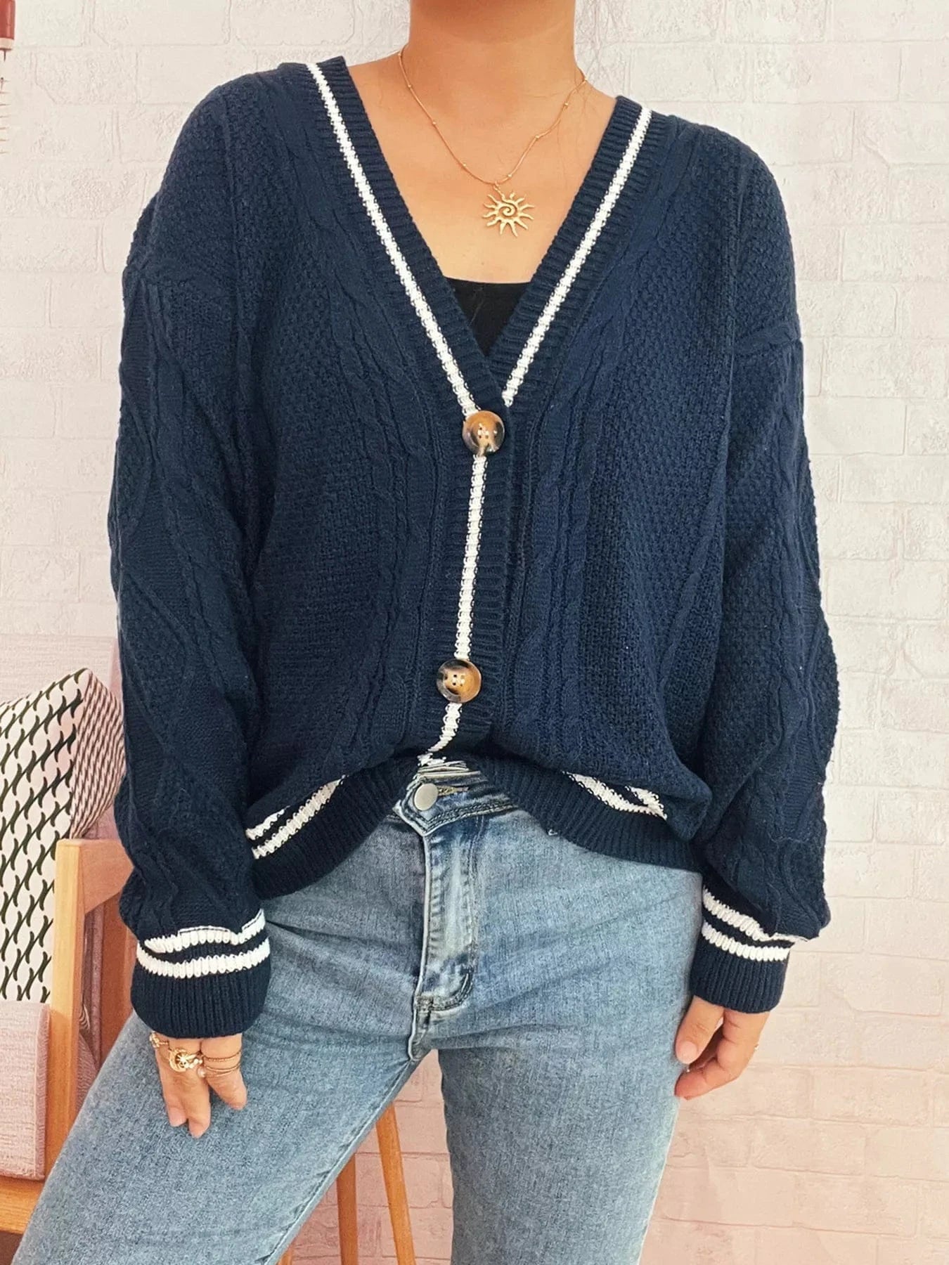 Star Pattern Button-Up Cardigan with Contrast Trim - Fashorio