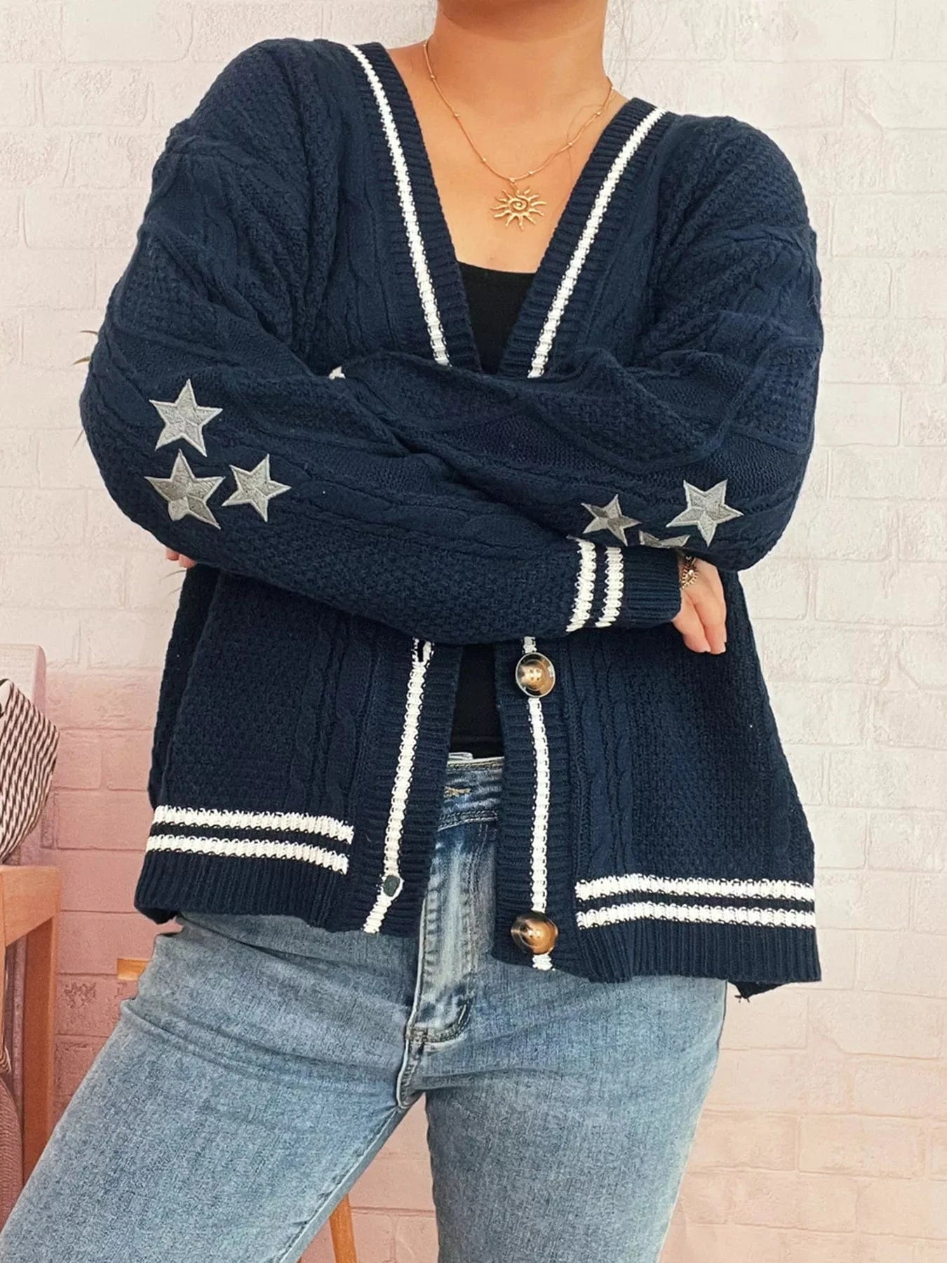 Star Pattern Button-Up Cardigan with Contrast Trim - Fashorio