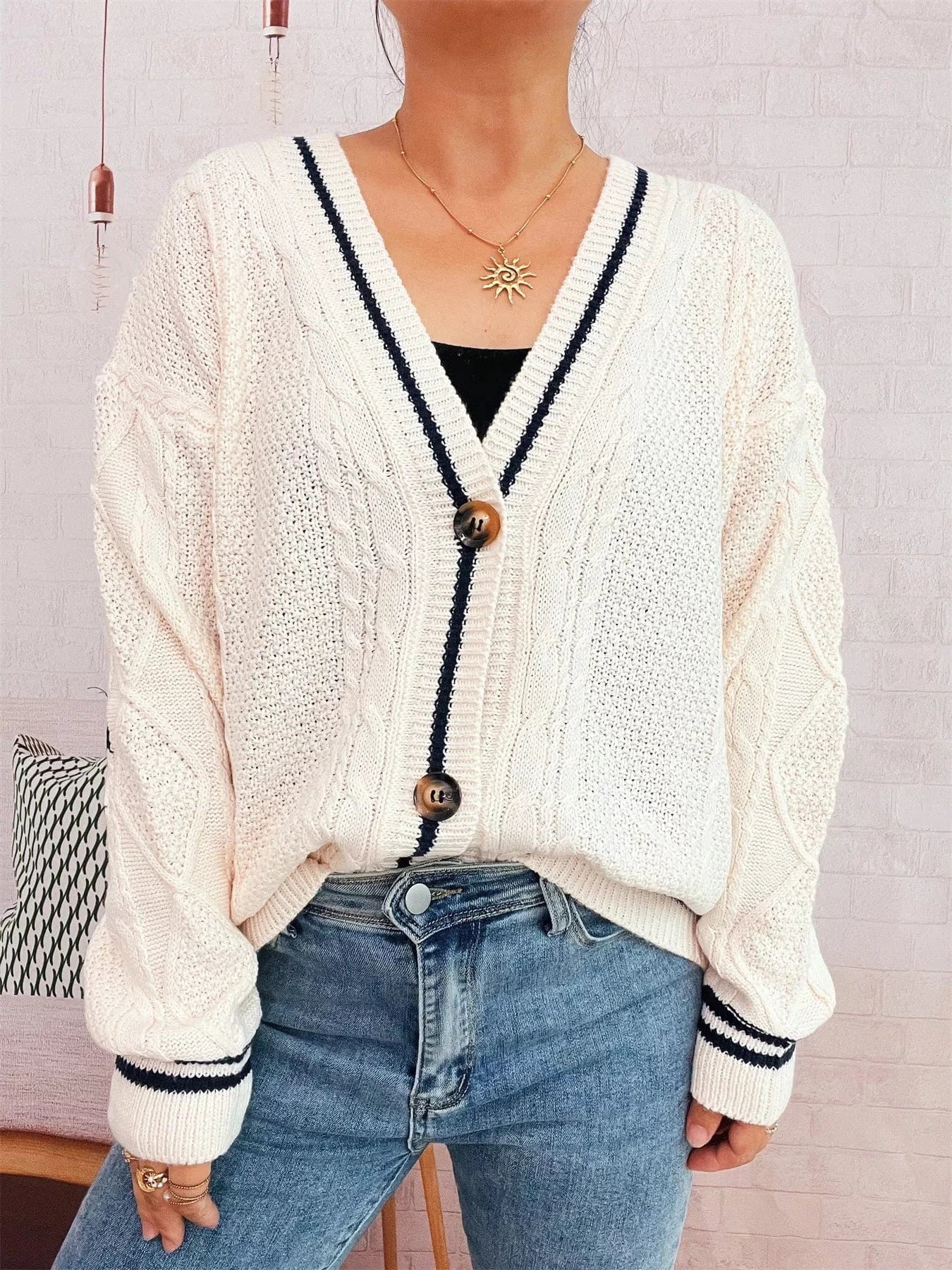 Star Pattern Button-Up Cardigan with Contrast Trim - Fashorio