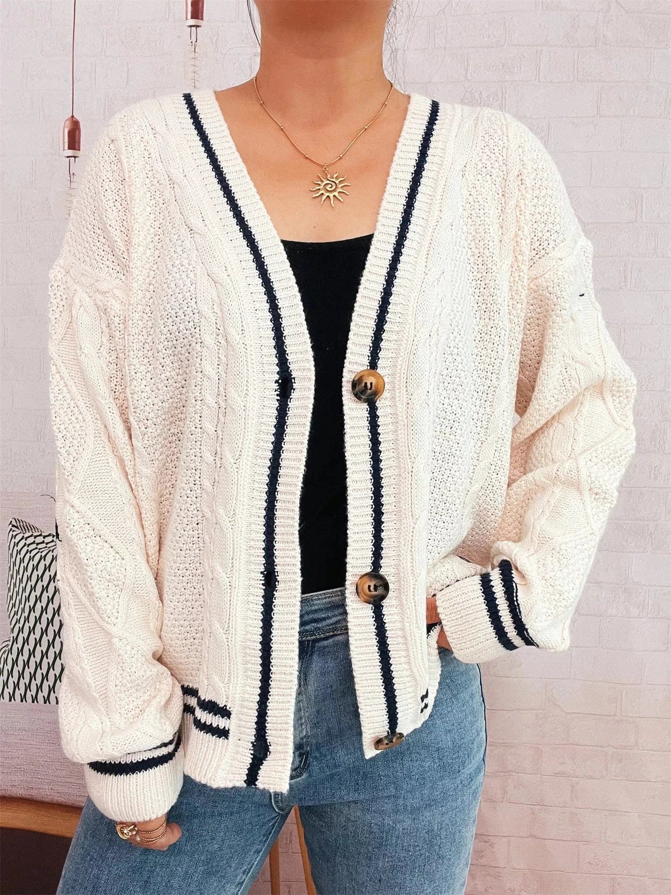 Star Pattern Button-Up Cardigan with Contrast Trim - Fashorio