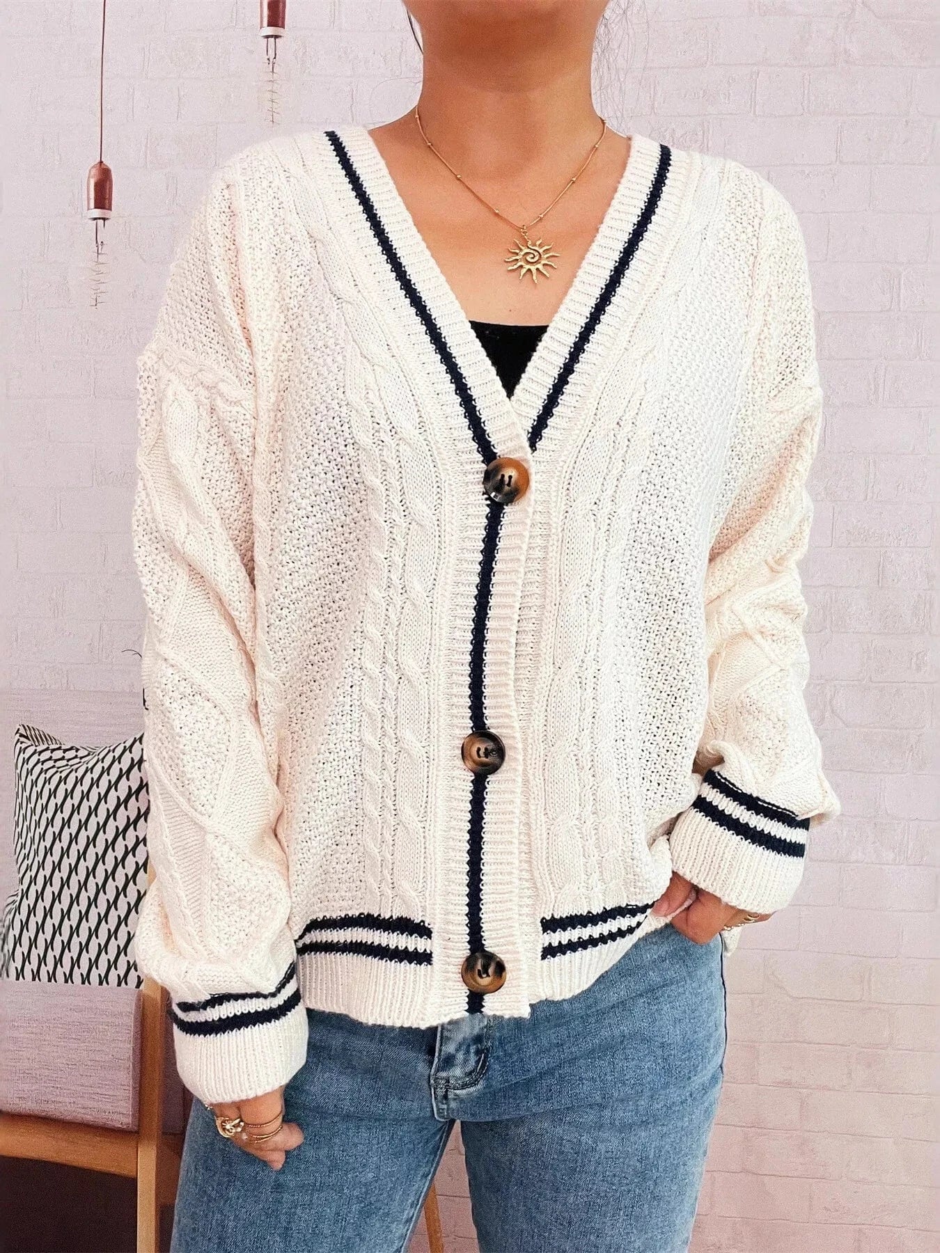 Star Pattern Button-Up Cardigan with Contrast Trim - Fashorio
