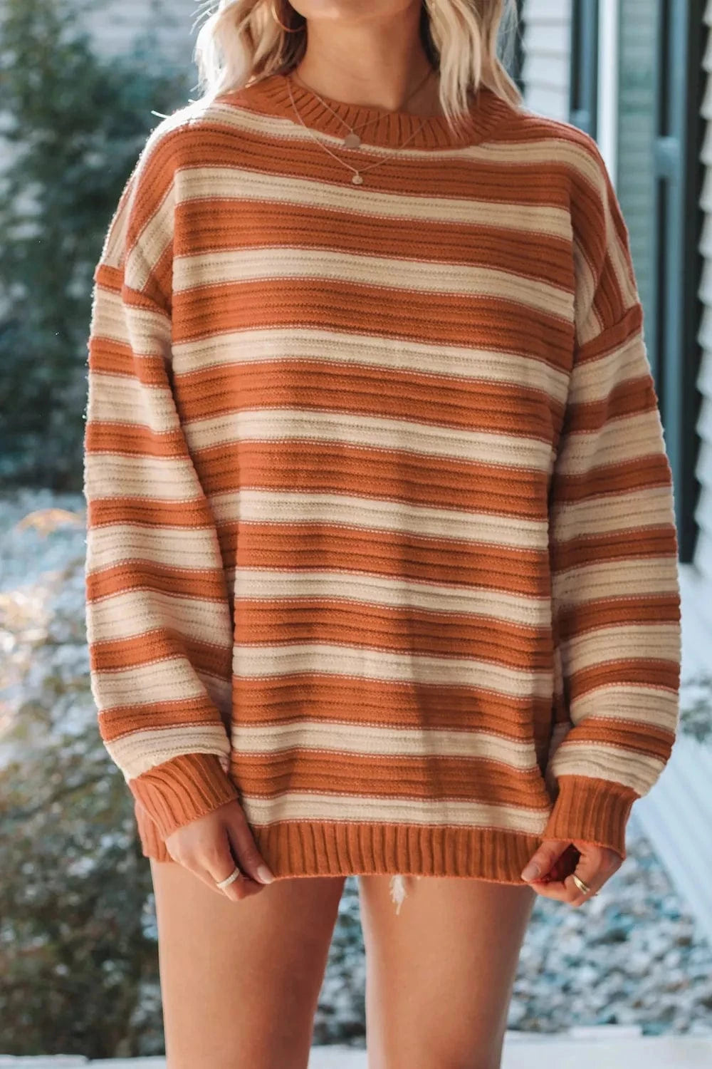 Striped Oversized Dropped Shoulder Sweater - Fashorio
