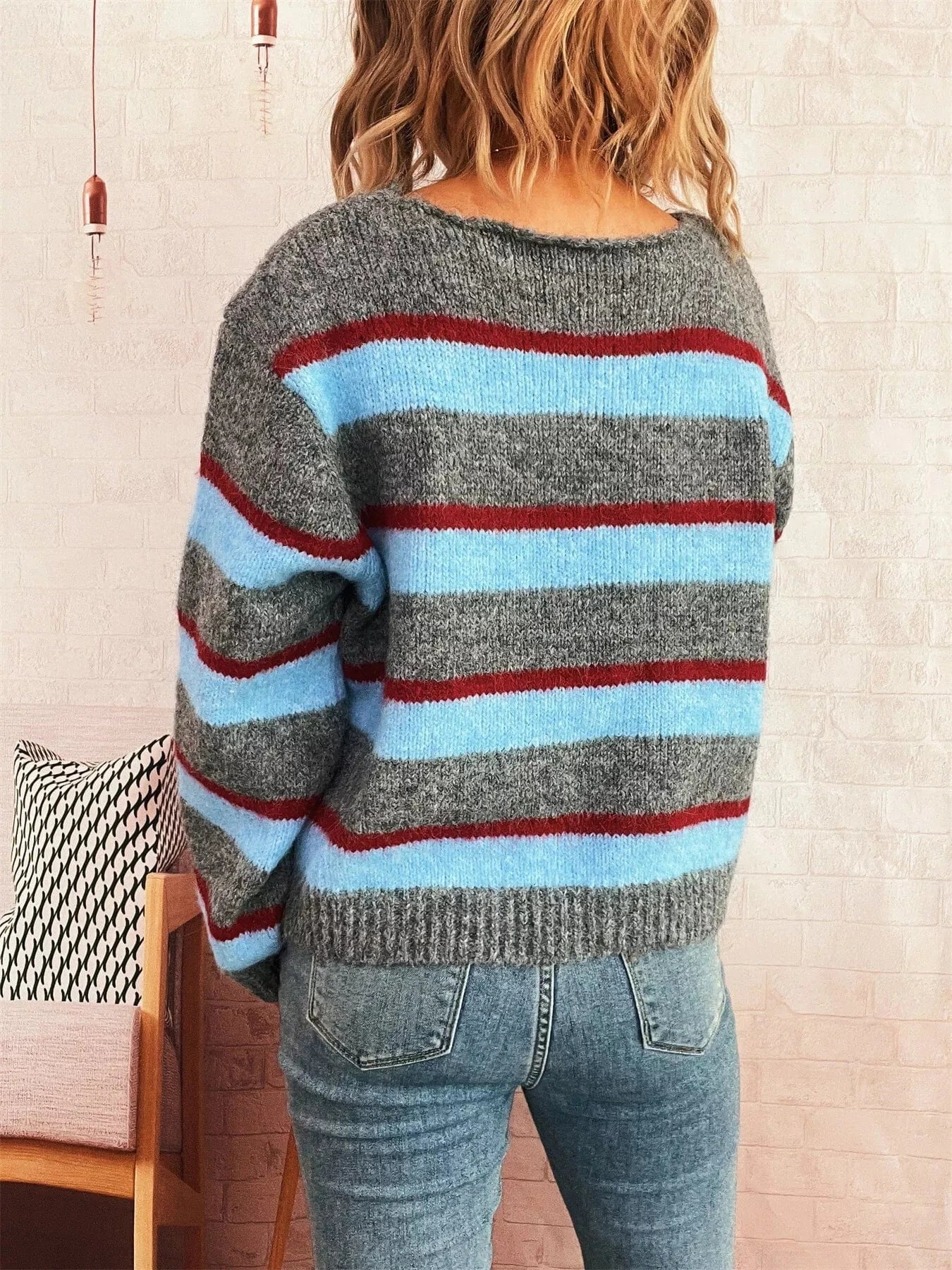 Striped Round Neck Long Sleeve Sweater - Fashorio