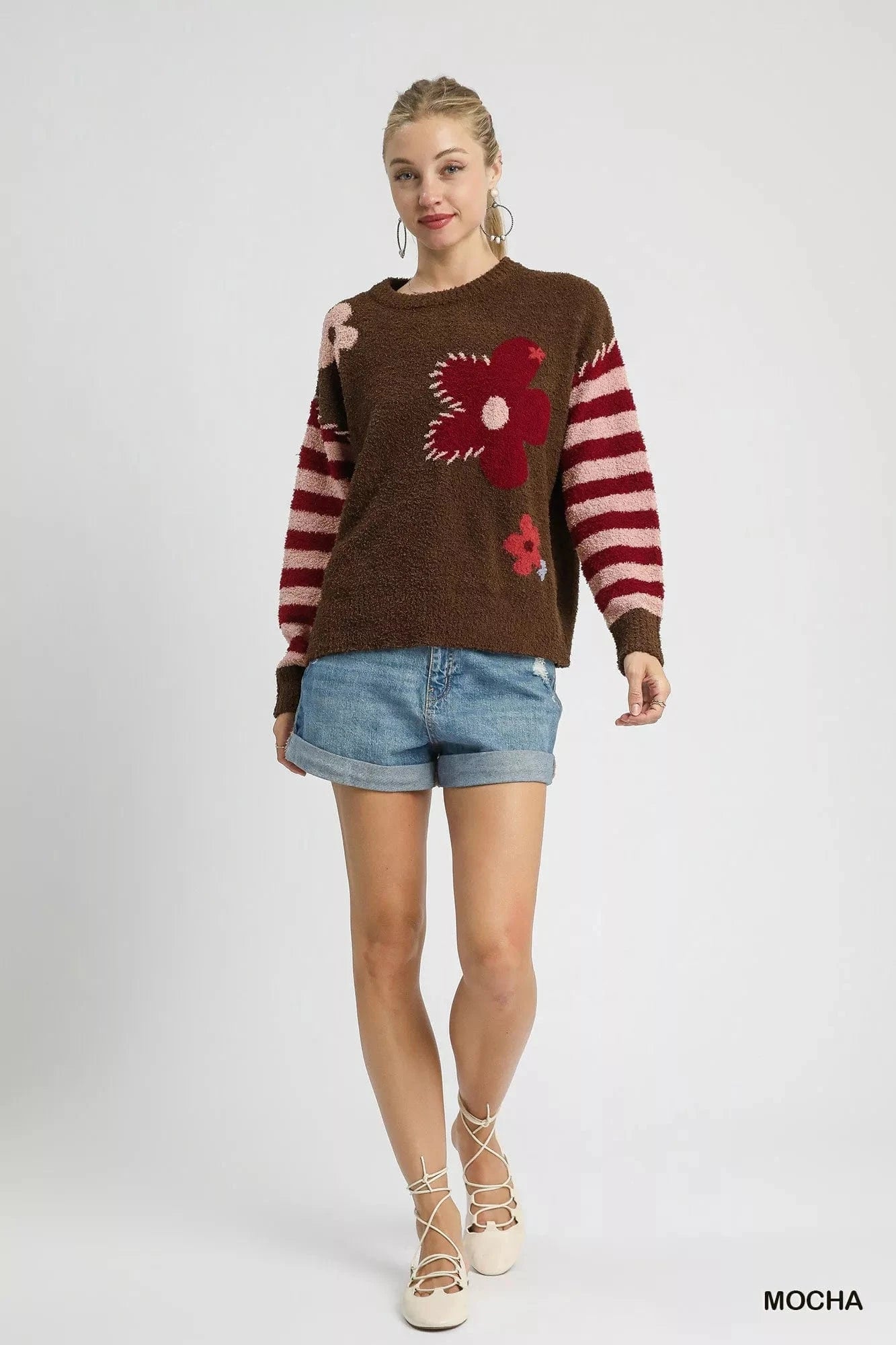 Umgee Flower Jacquard Striped Long Sleeve Sweater - Fashorio