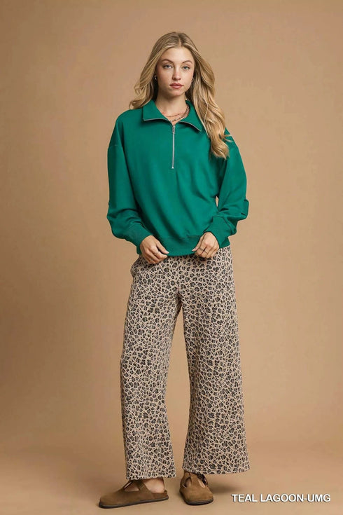 Umgee Half Zip Drop Shoulder Sweatshirt - Fashorio