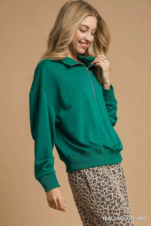 Umgee Half Zip Drop Shoulder Sweatshirt - Fashorio