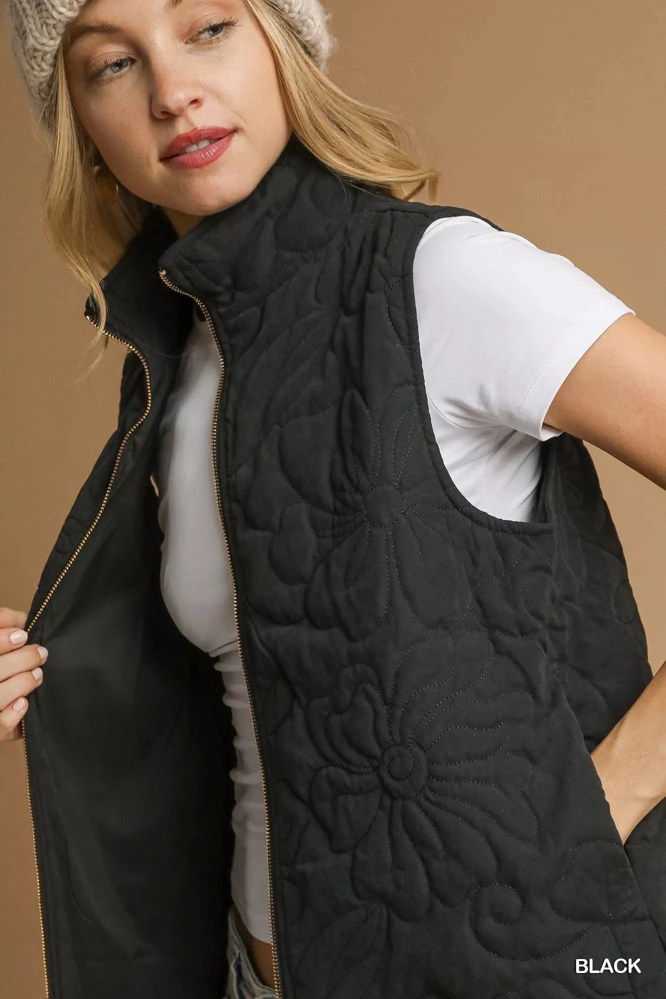 Umgee Quilted Floral Zip Up Vest with Pockets - Fashorio