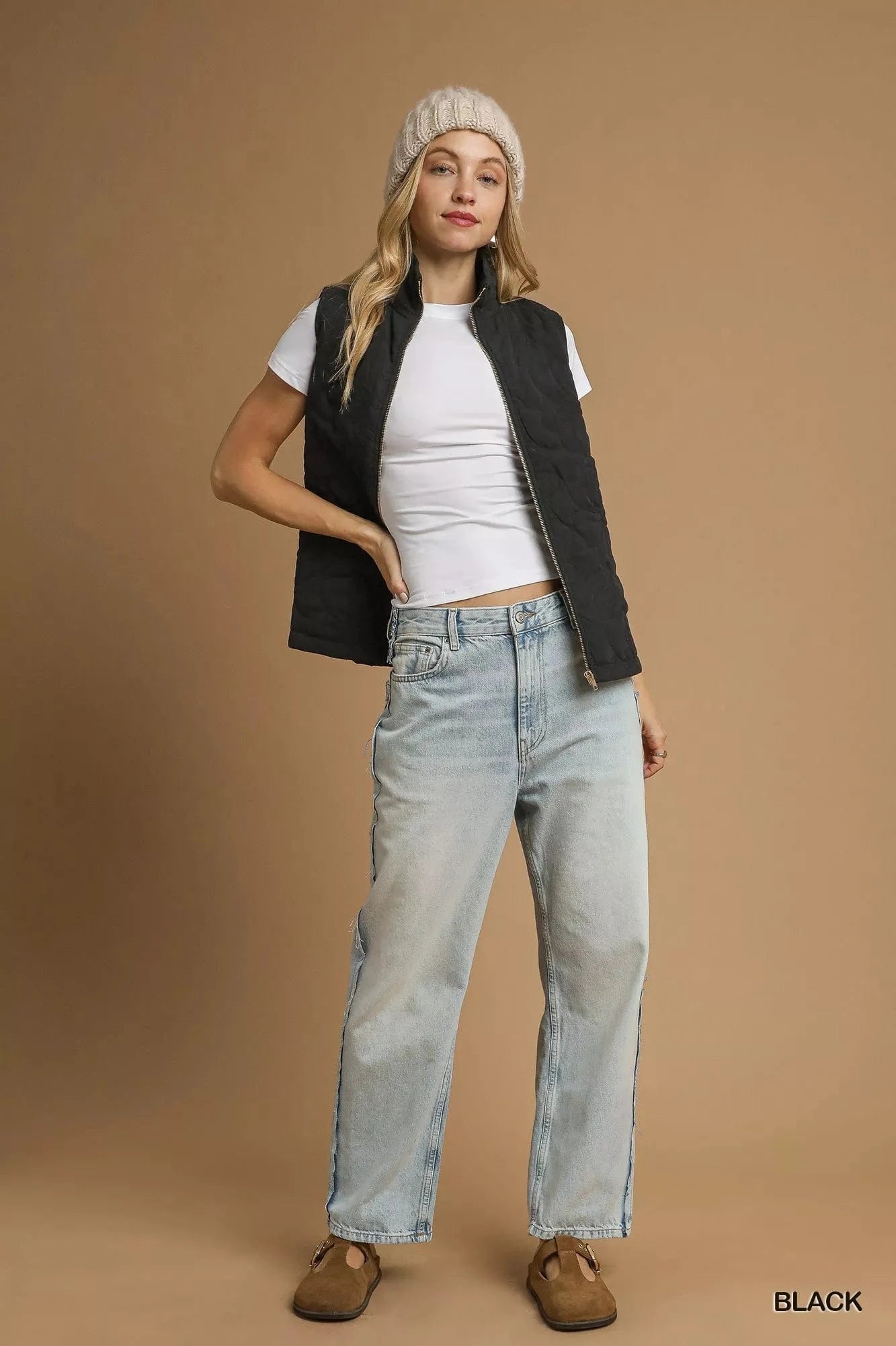 Umgee Quilted Floral Zip Up Vest with Pockets - Fashorio