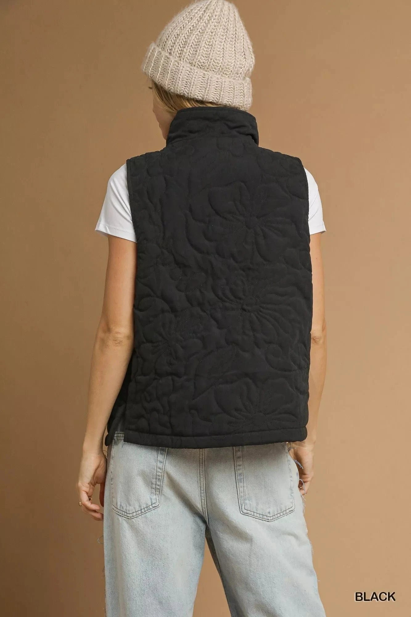 Umgee Quilted Floral Zip Up Vest with Pockets - Fashorio