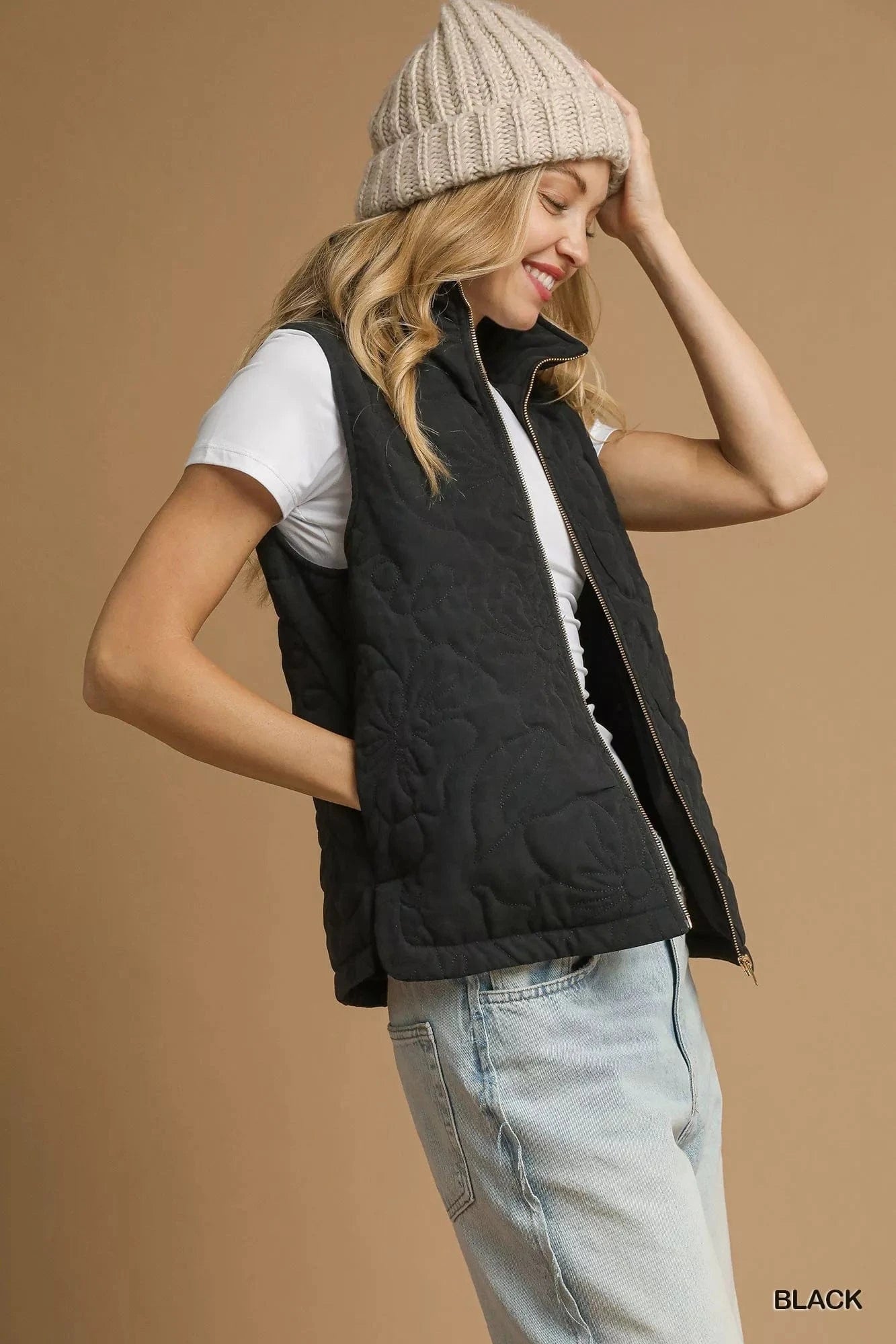 Umgee Quilted Floral Zip Up Vest with Pockets - Fashorio