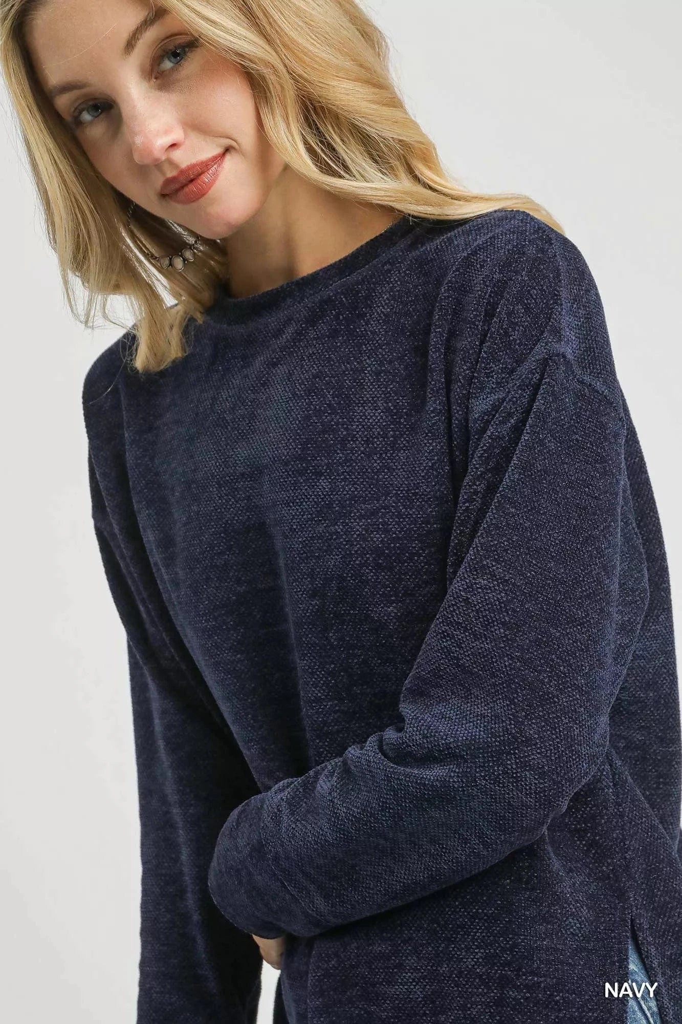 Umgee Round Neck Long Sleeve Side Slit Top - Fashorio