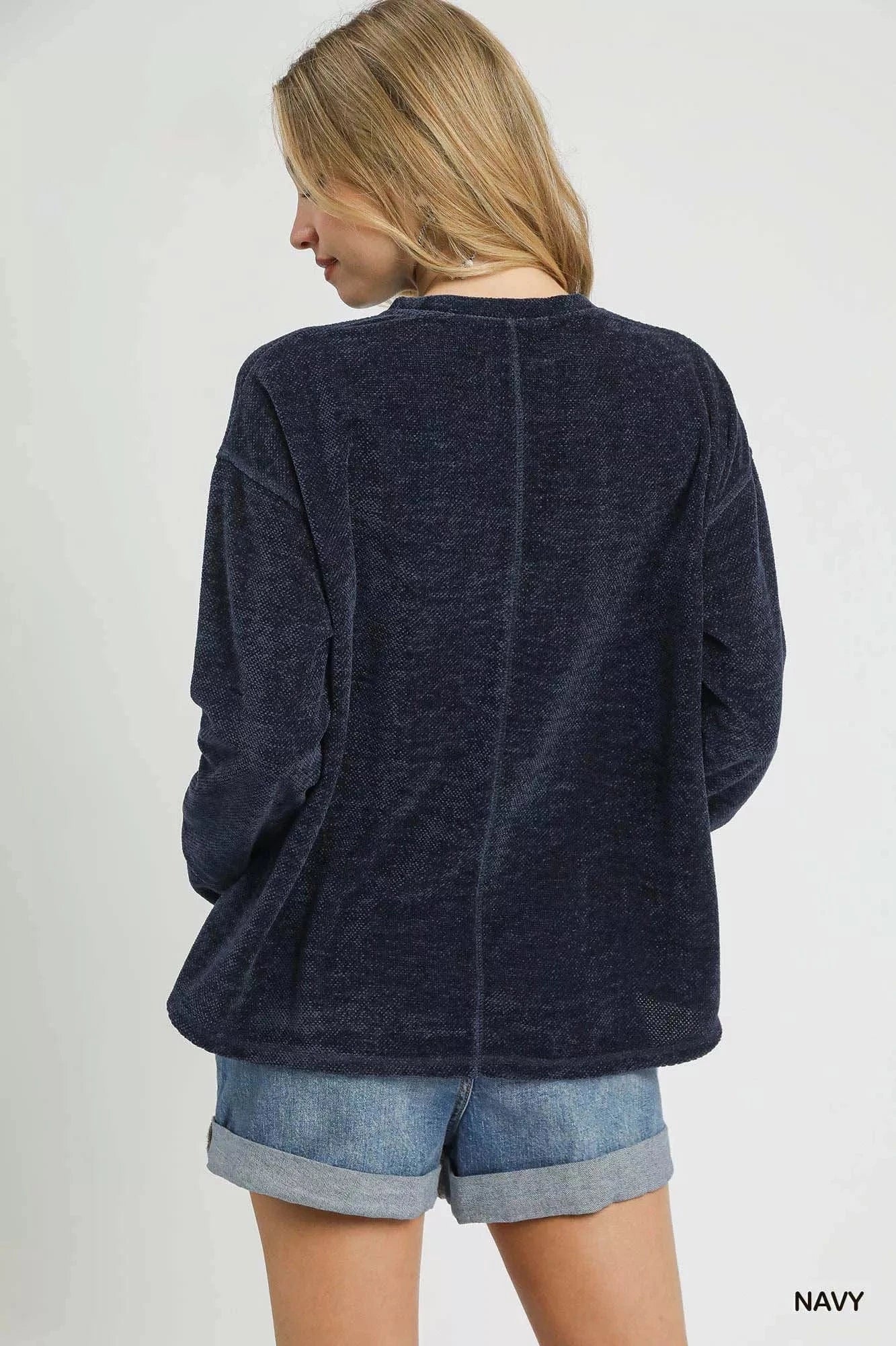 Umgee Round Neck Long Sleeve Side Slit Top - Fashorio