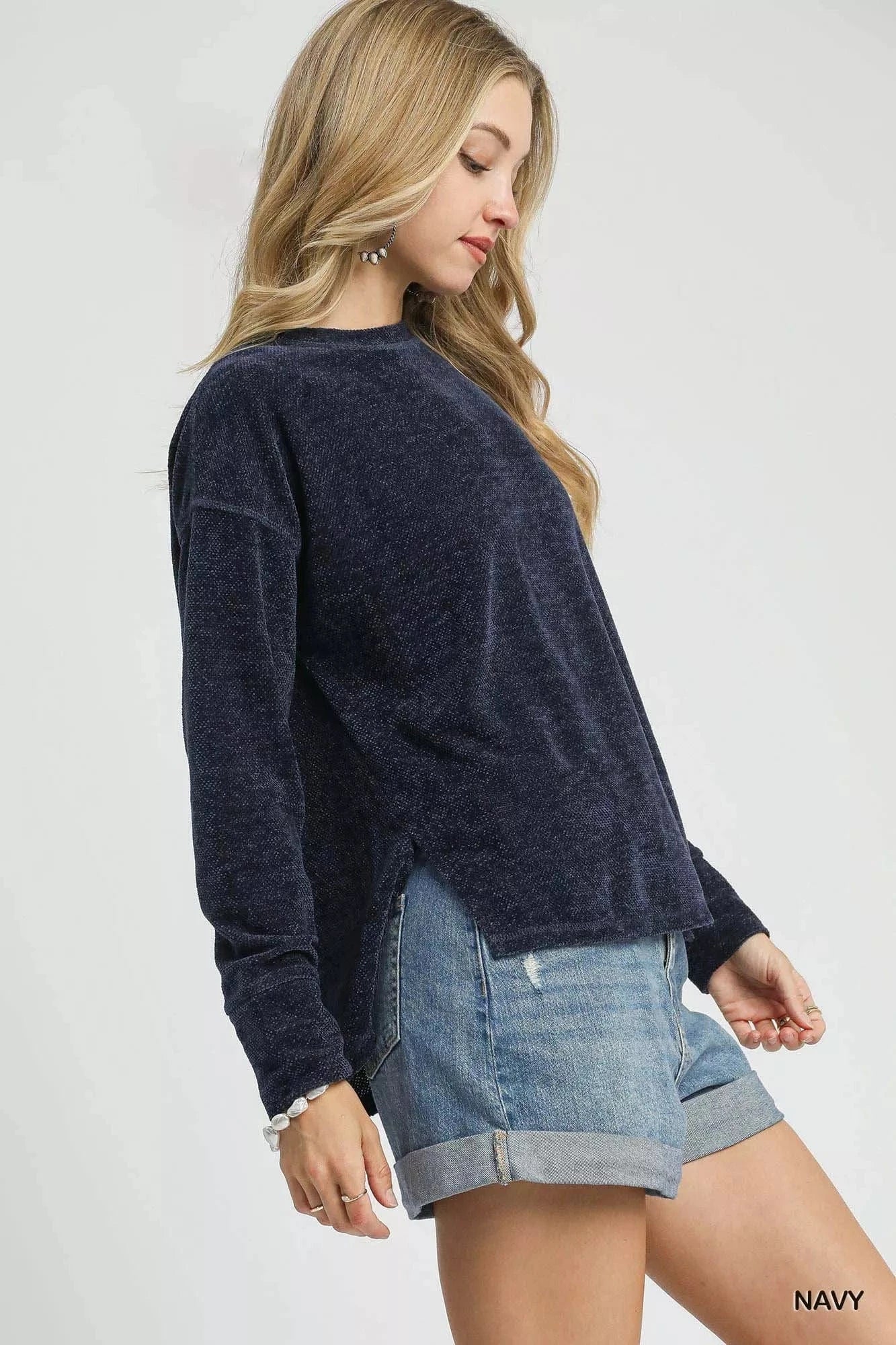 Umgee Round Neck Long Sleeve Side Slit Top - Fashorio